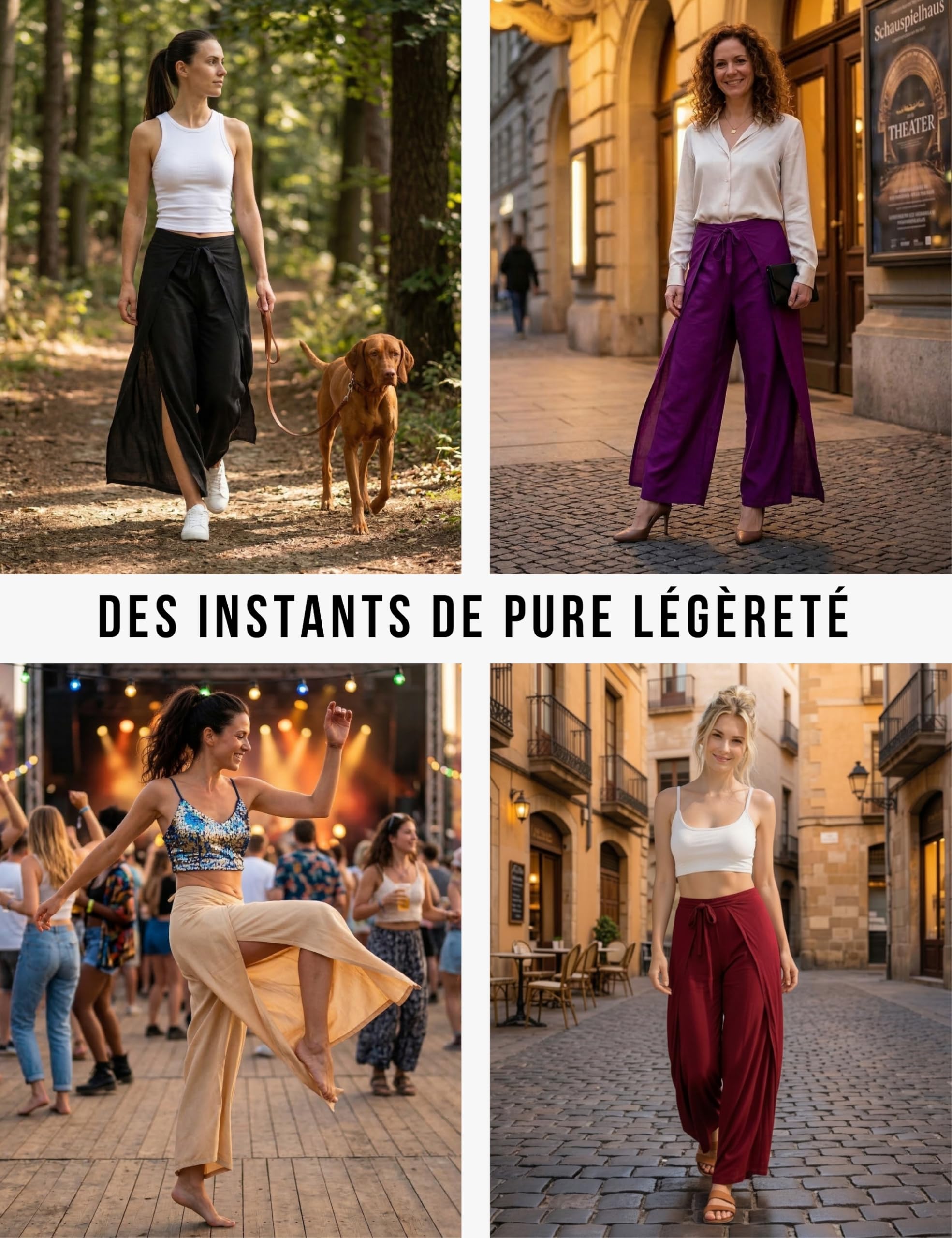 PANASIAM Pantalon Palazzo Portefeuille Femme Uni - Pantalon Large Élégant en Viscose - Pantalon d’Été Léger Style Bohème - Coupe Droite Sunshine Pants
