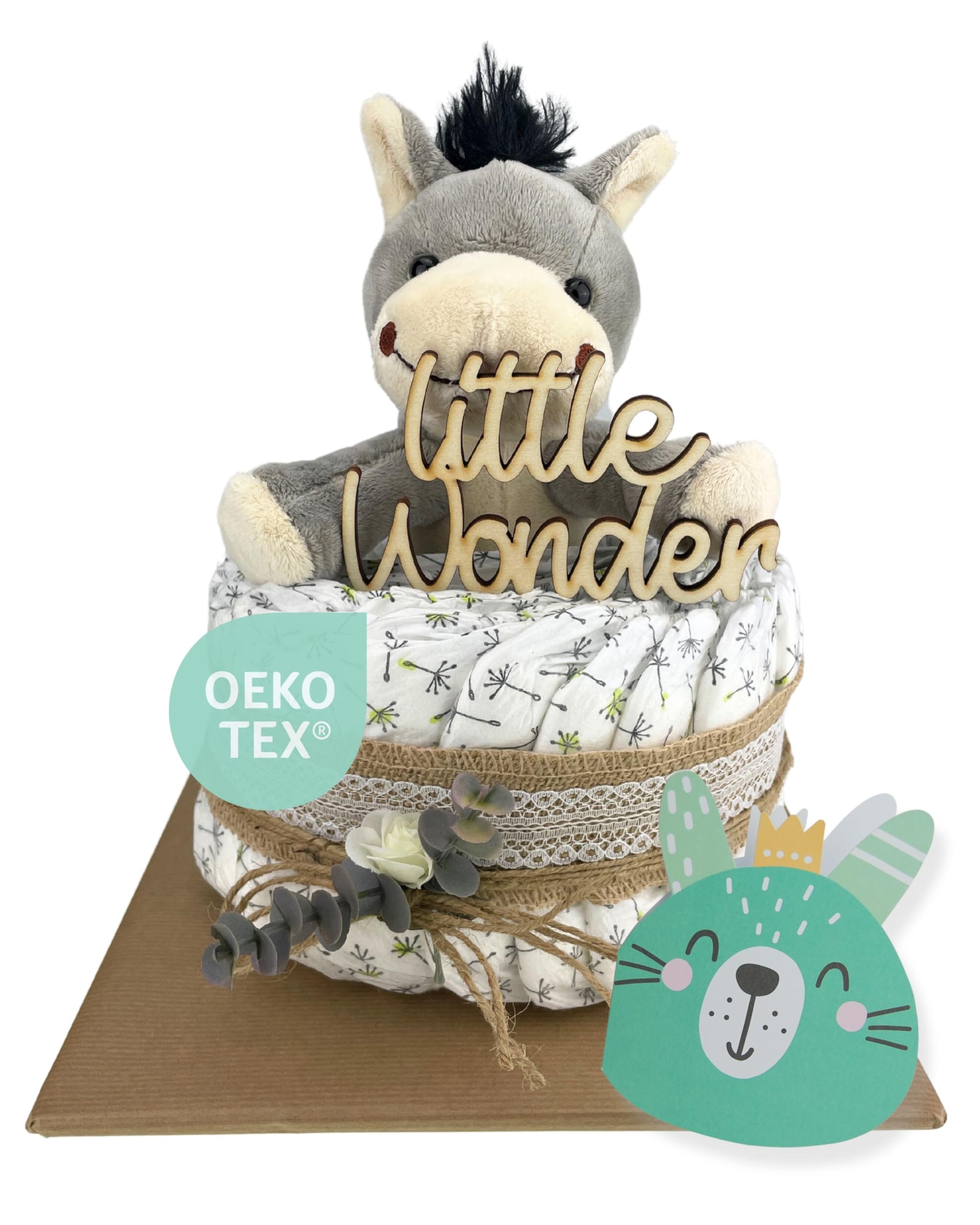 myBambini ® Torta di pannolini vintage [IUTA & LEGNO] – Ragazzi e ragazze – Neutrale – Regalo per nascita – Festa del bambino –Decorazione della torta Vintage Piccolo – LITTLE WONDER)
