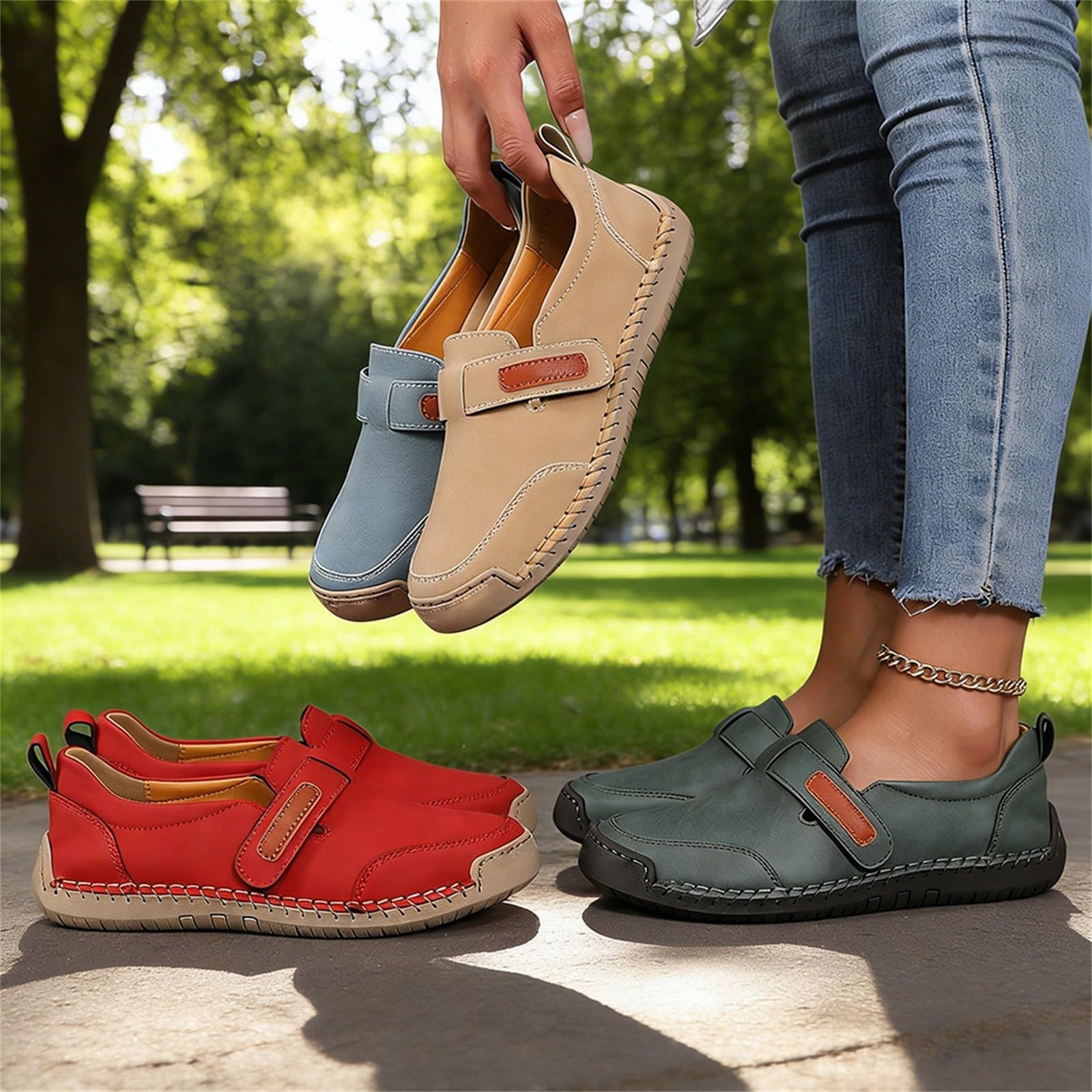 Mocasines casuales de cuero cosido para mujer, cómodos zapatos planos para caminar con correa ajustable de cierre táctil para recados diarios y viajes