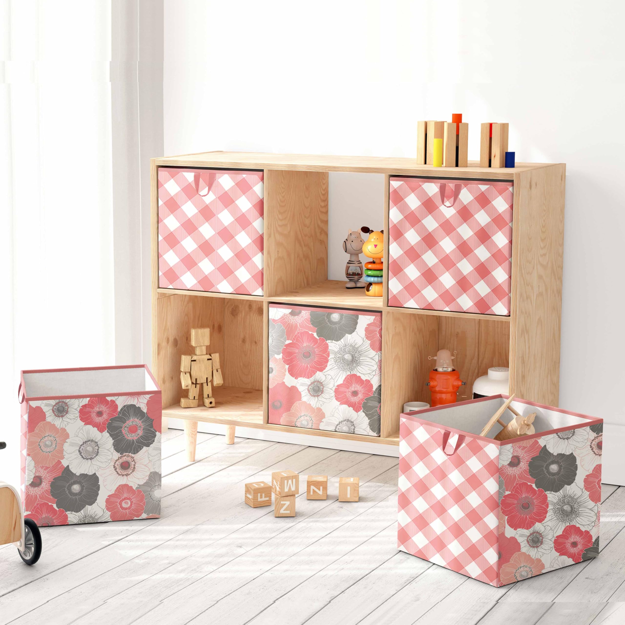 Bacati - Small Storage Tote Watercolor Flowers Coral Gray 10 x 10 x 10 inches