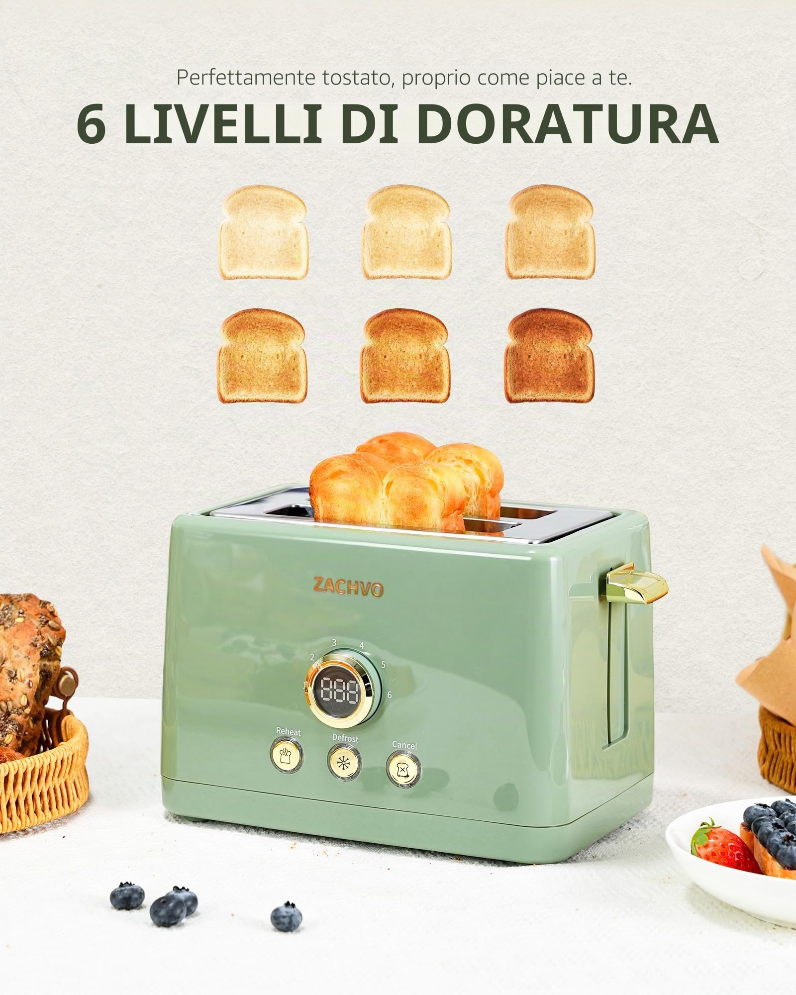 Tostapane 2 fette, ZachVO tostapane con inserto per panini, 6 livelli di doratura, cassetto raccoglibriciole rimovibile da 850 W, schermo a LED, High Lift, riscaldamento, scongelamento, funzione di