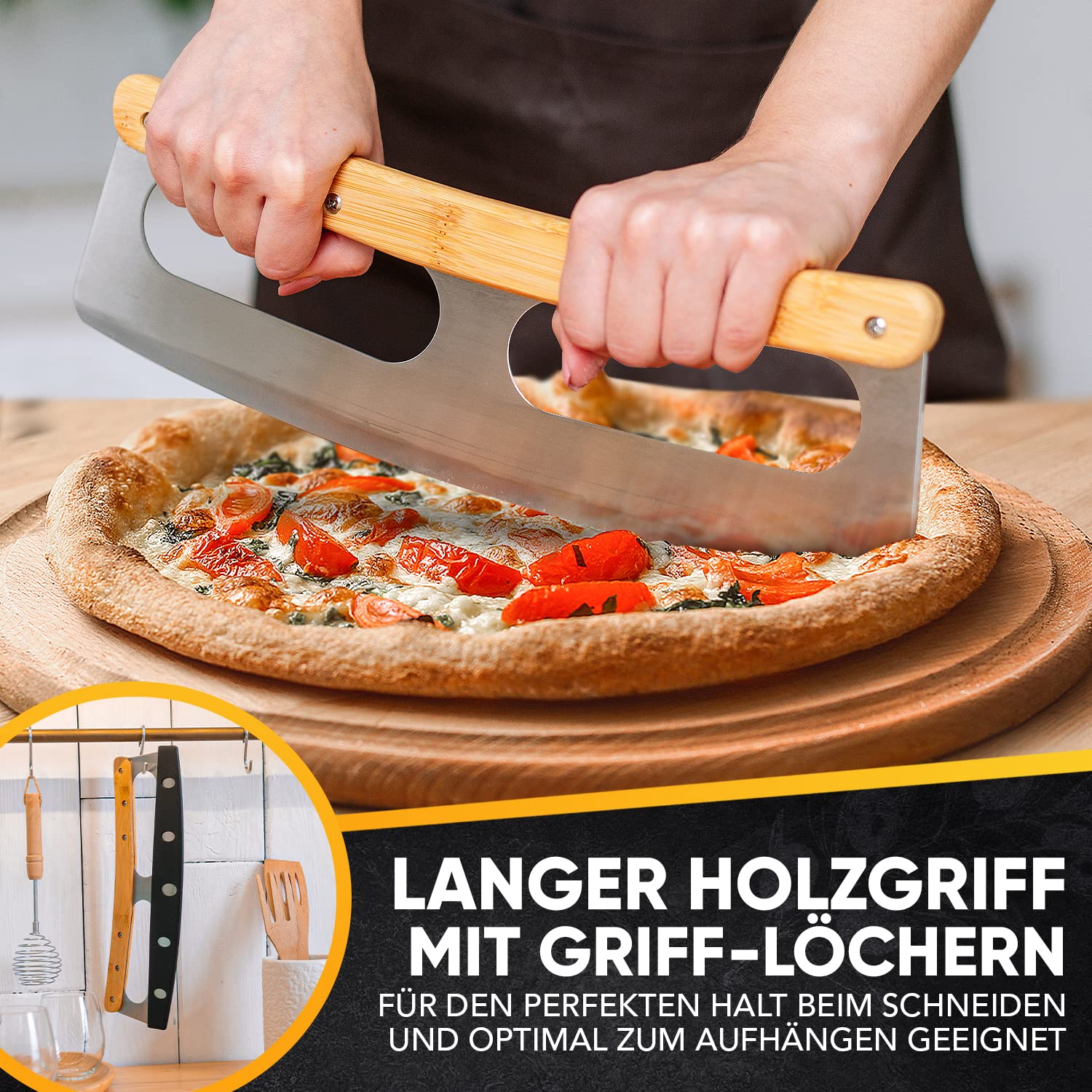 Loco Bird Nóż do pizzy - nóż do pizzy ze stali nierdzewnej z bambusową rączką - nóż do pizzy z osłoną ostrza - wszechstronny nóż do ważenia - ostre ostrze ze stali nierdzewnej i mocna rączka | Bambusowy uchwyt, ostre ostrze, osłona ostrza, osłona ostrza,