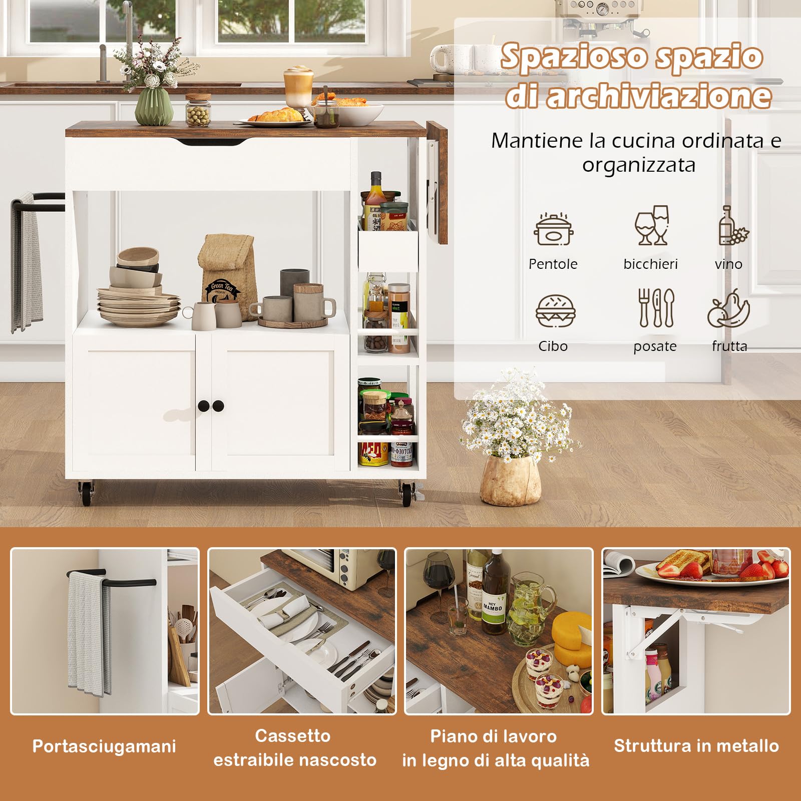 YU YUSING Isola Cucina con Piano Ribaltabile, Carrello da Cucina Salvaspazio con 4 Ruote, Mobile Cucina con 4 Ripiani, Mobile Microonde, Credenza Cucina, Manico in Ferro, Cassetto, 104x40x89cm, Bianco