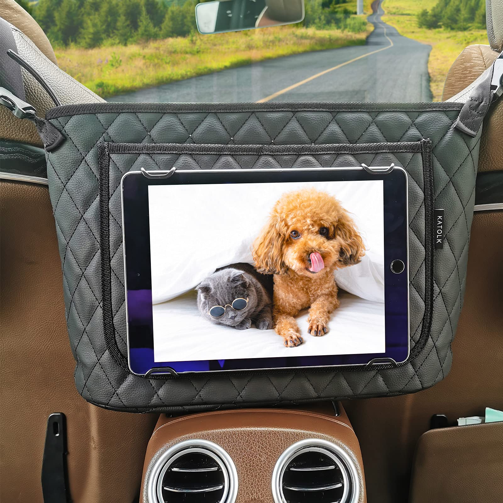 KATOLK Car Handbag Holder, Car Organizer Between Seats with Touchable Tablet Holder for Kids, Pocket Handbag Holder for iPad, Phone, Purse, Handbag