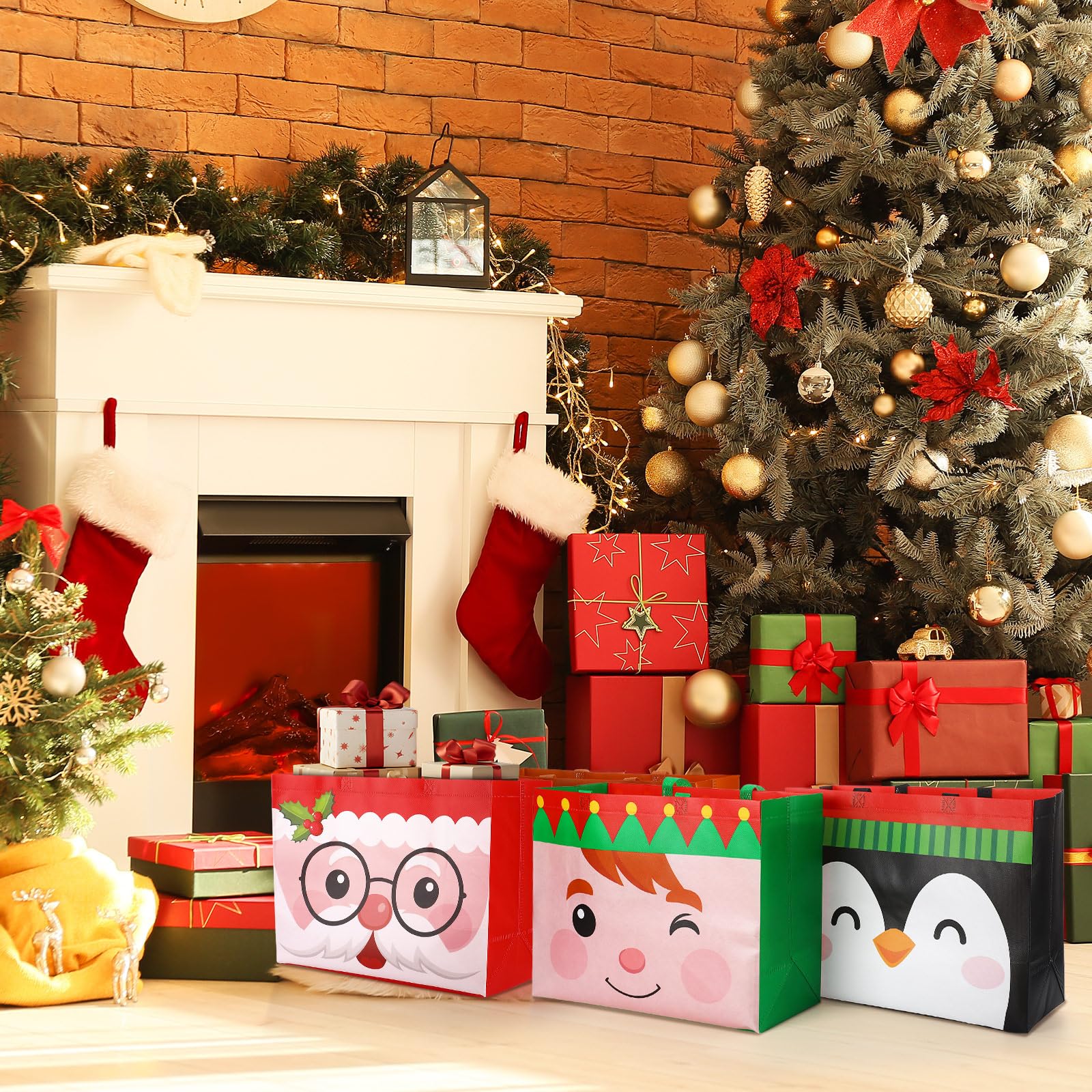 Hillban Lot de 36 sacs cadeaux de Noël extra larges réutilisables en vrac non tissés avec poignées - 41 x 32 x 17 cm