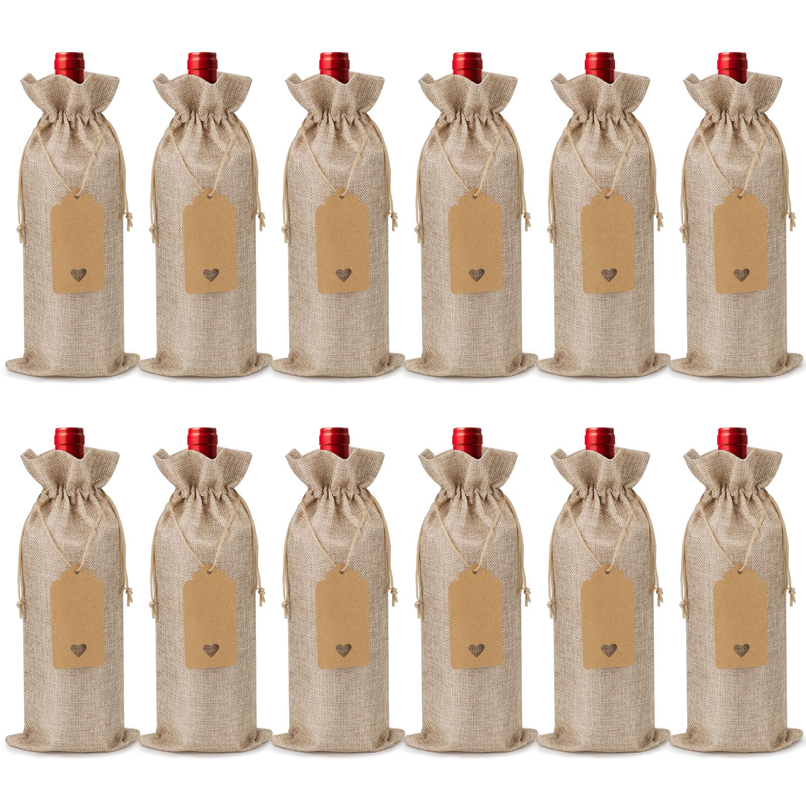 Bolsas para Botellas de Vino 12 Piezas Bolsas de Regalo de Vino Cordón con 12 Etiquetas y 10 Metro Cuerda de Cáñamo Fundas Reutilizables para Botellas de Vino(Naturales)