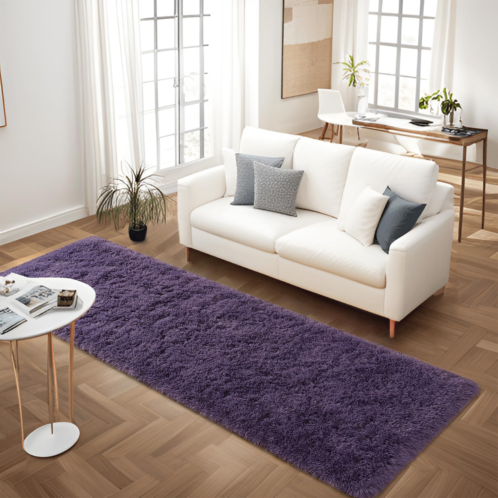 FALARK Soft Gray Purple Runner Rugs for Bedroom, 2x6 ft Bedside Rug Plush Fluffy Carpets, Shag Furry Modern Area Rug Carpet for Living Room Girls Kids Room Nursery Home Decor, Gray Purple — image 1