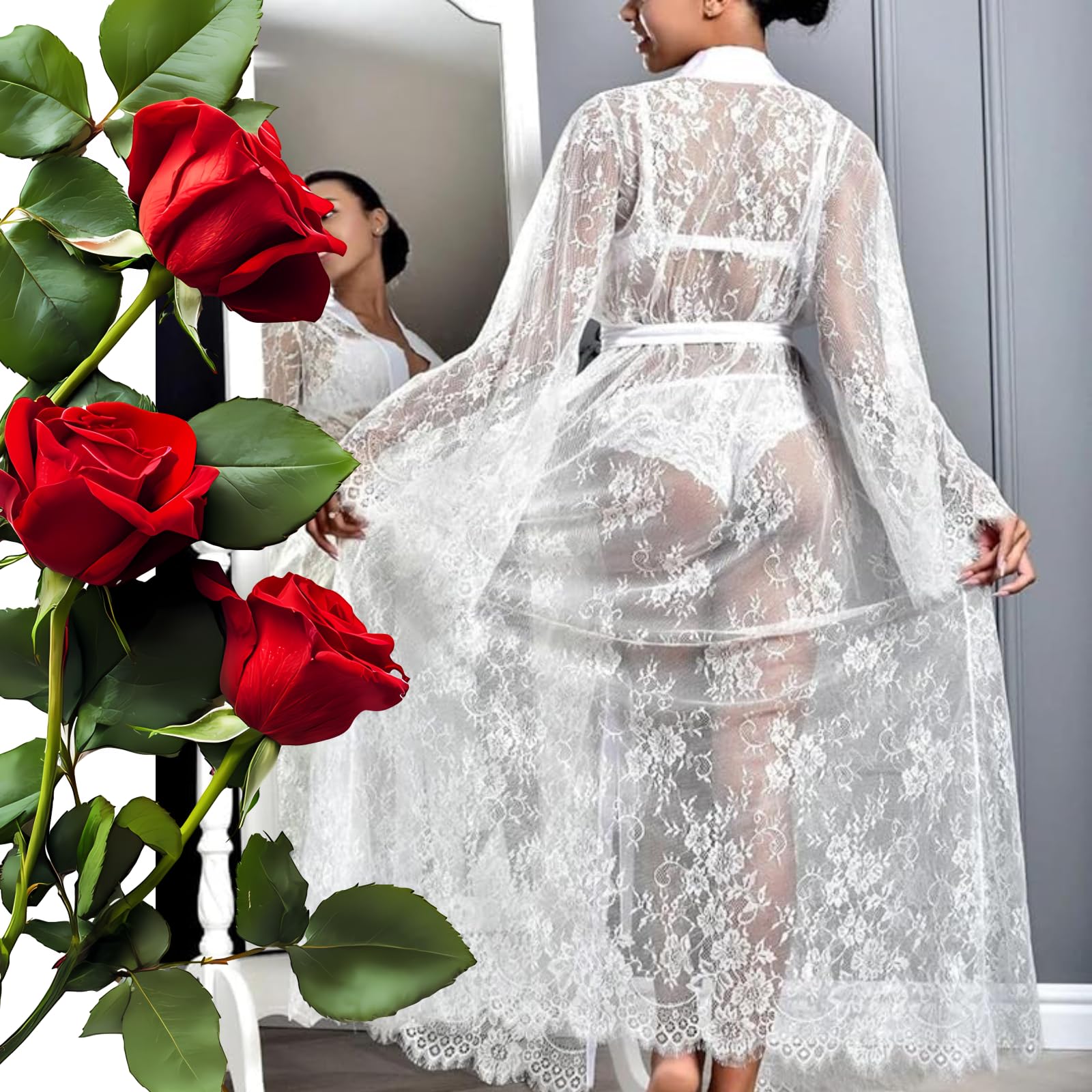 ZWCHGJ Szlafroki, długie prześwitujące koronkowe szaty kimono prześwitujące szlafroki z siateczki tiulowa koszula nocna maxi elegancka koszula nocna bielizna nocna, na bieliznę nocną sukienka dla