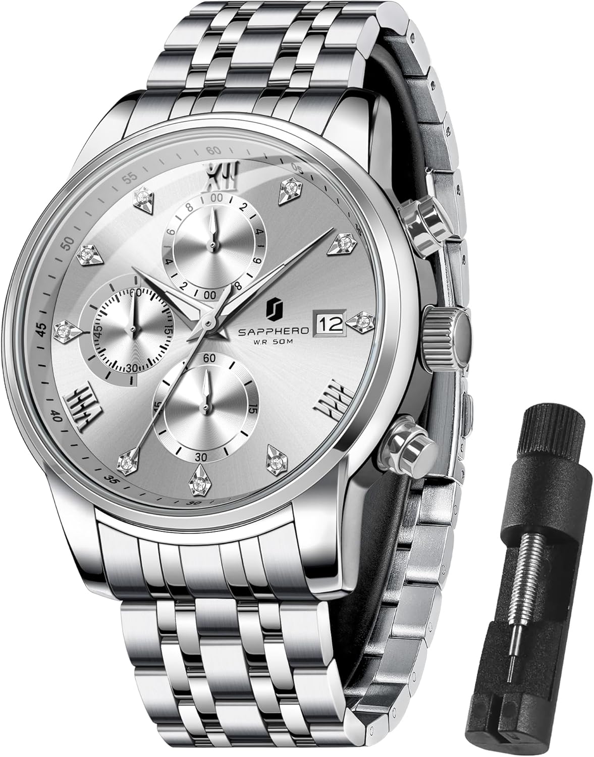 SAPPHERO Round Stainless Steel Watch for Men, 50M Waterproof Luminous Stylish Mens Gift Wristwatch with Date Display and Analog Quartz Design