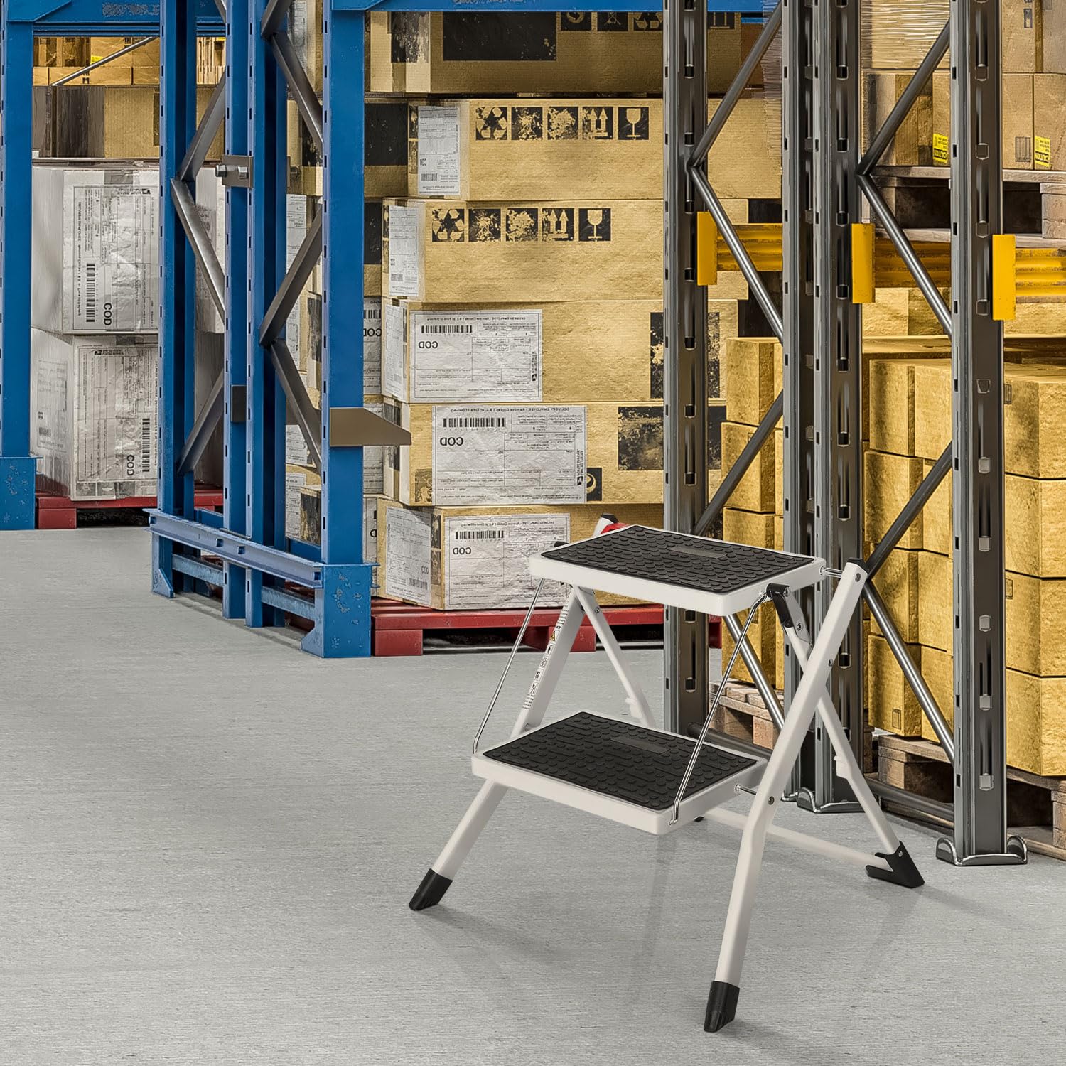 hjh OFFICE 801200 Gradino pieghevole a 2 gradini SOLID W1 Gradino pieghevole in acciaio, portata fino a 150 kg, chiusura di sicurezza pieghevole, maniglia di trasporto, gradino, bianco