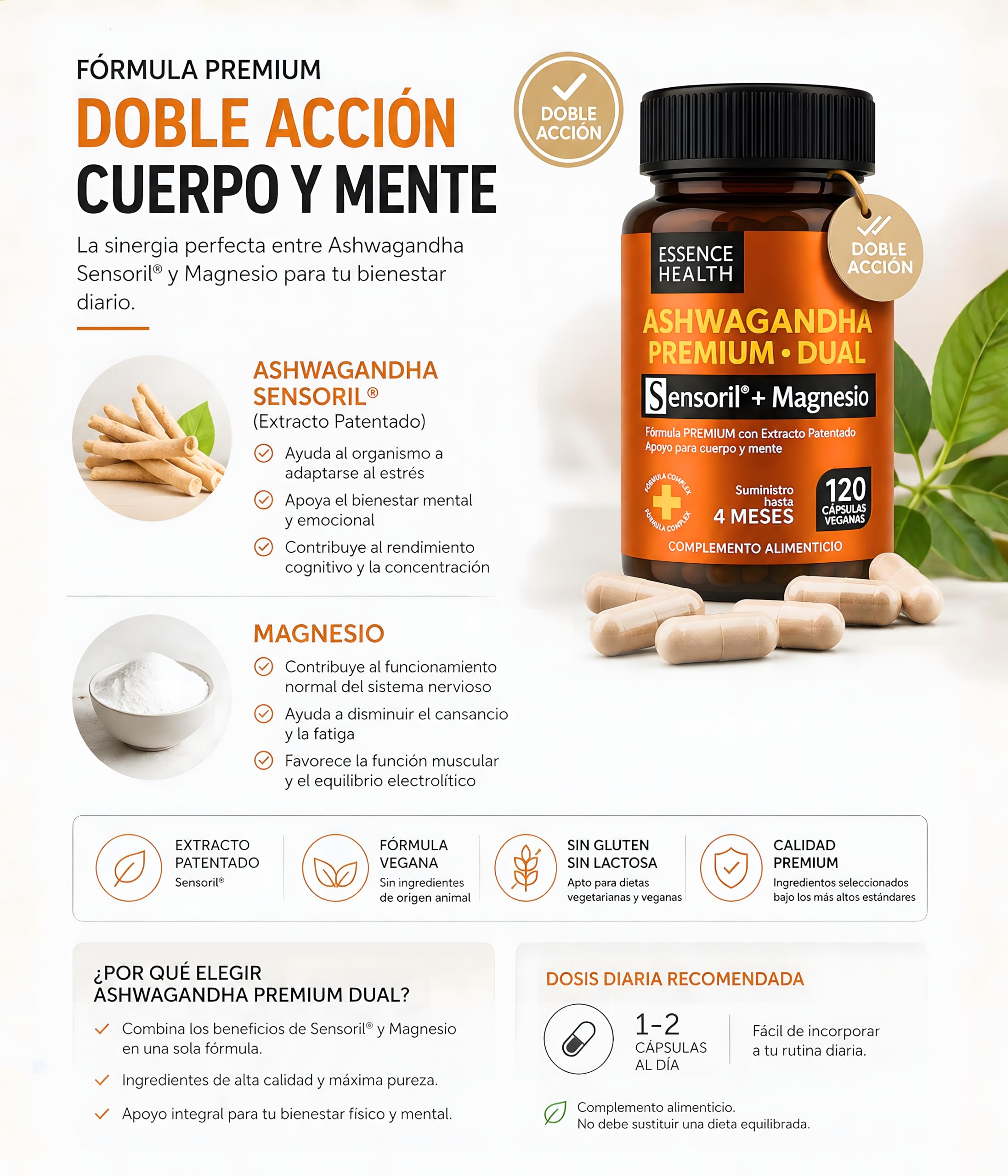Ashwagandha Sensoril® Alta Potencia 50:1 – Extracto de Ashwagandha Adaptógena para Estrés, Ansiedad y Energía – con Magnesio para Equilibrio Mental – 120 Cápsulas Veganas