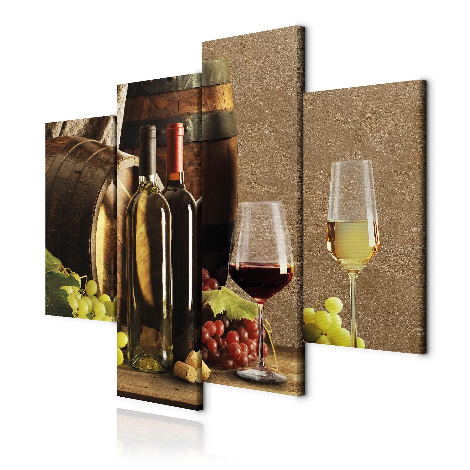 decomonkey Quadri Moderni Soggiorno Vino Uva Cucina, 4 pezzi, 126x98 cm | Tela strutturata su telaio in legno, decorazione da parete, ristorante, azienda, vinicola, botte, bottiglia, bianco, marrone