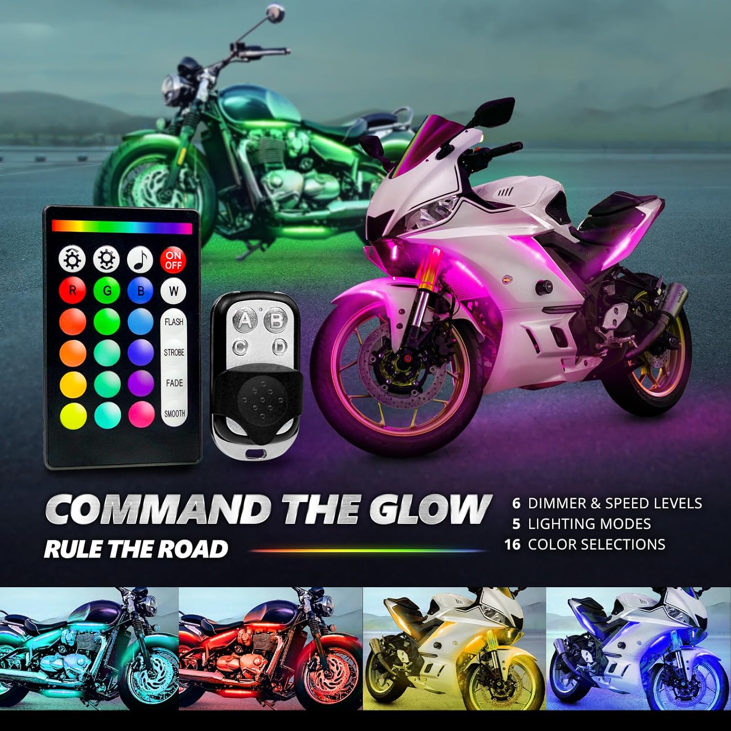 OPT7 12pcs Motorcycle LED Strip Lights with App & Remote Control, RGB Multicolor & Sound Sync Neon Accent Bike Underglow Lighting Kit, 12V Switch for Harley Honda Yamaha Kawasaki, Easter Gifts