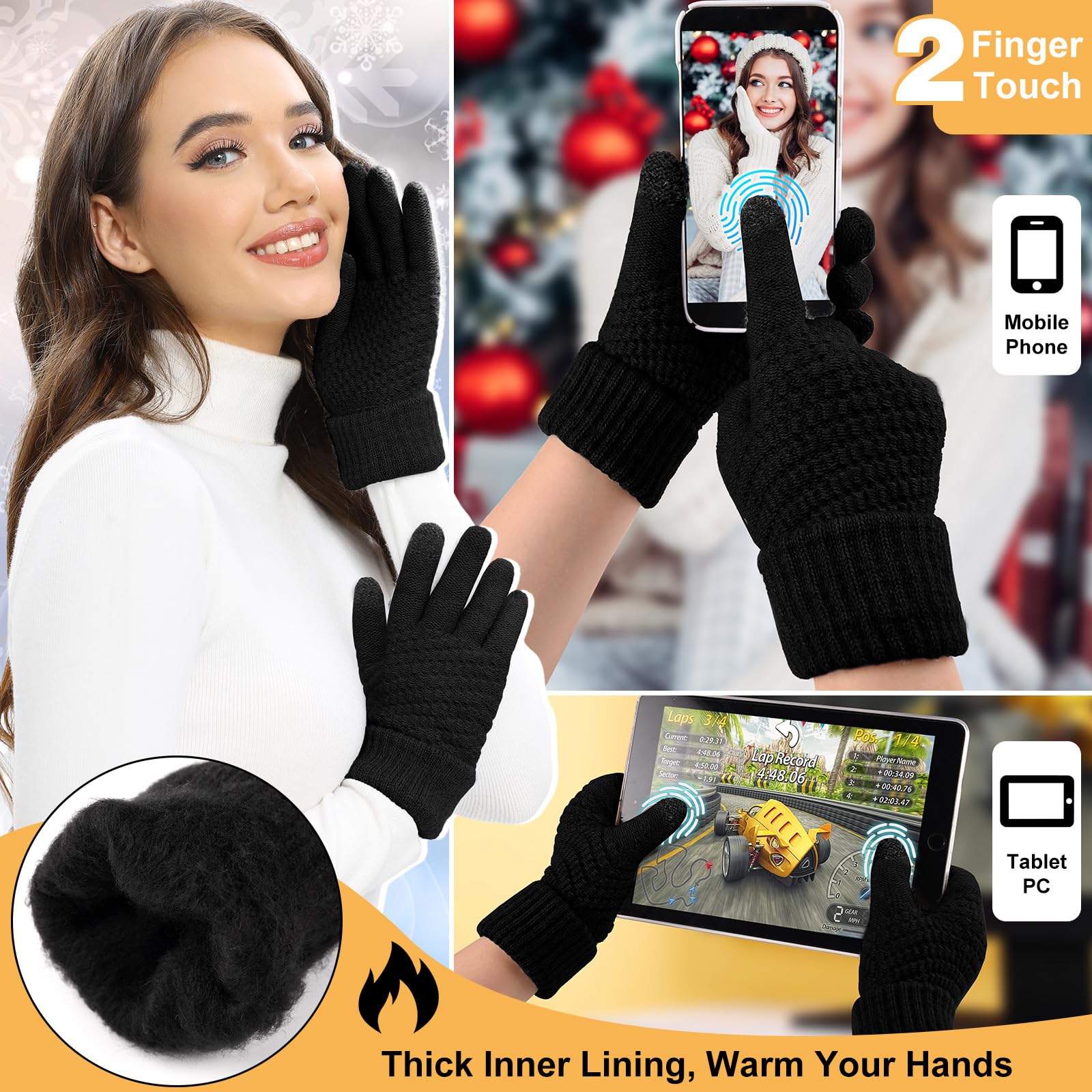 Packs Bonnet Écharpe Gants 5 en 1 Bonnet Hiver Pompon Echarpe Tricotés Gants Tactiles Cache-Oreilles Extensible Chaussettes Chaud avec Doublure Polaire pour Femme
