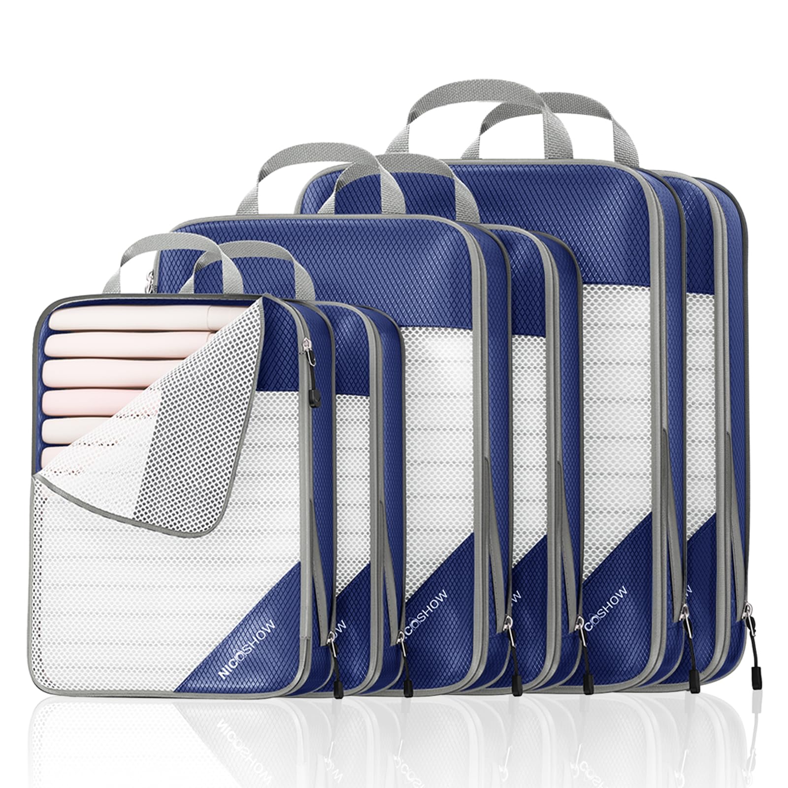 NICOSHOW 6 Set Compression Packing Cubes for Travel - Compressible, Lightweight, and Space-Saving Packing Cubes, Travel Essentials for Women, Navy