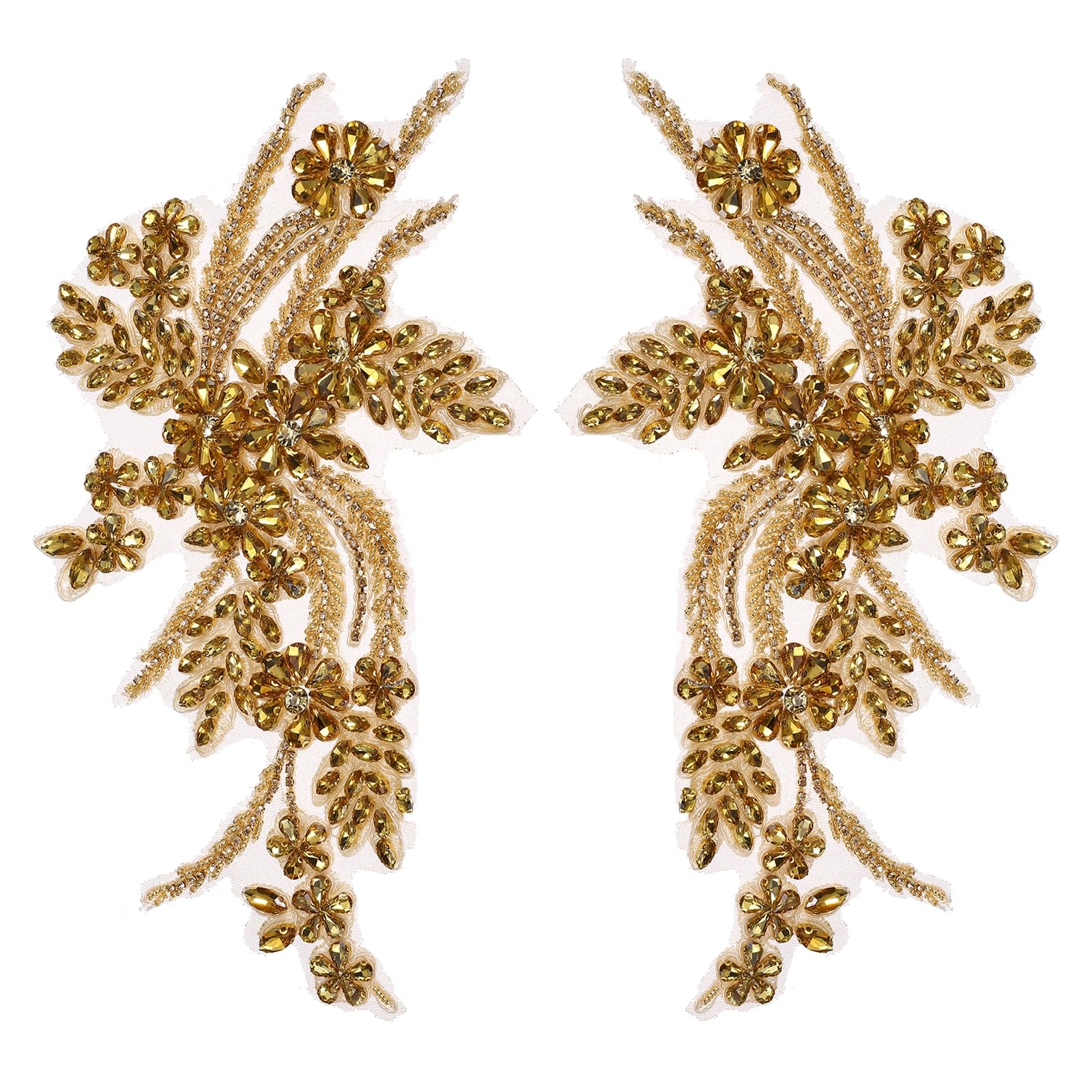QUARKZMAN 2 Pack Appliques En Strass, 26.5x18 cm Patches En Dentelle Dorée À Coudre Appliques En Strass Perles Sequins Pour Couture Robes Décoration De Mariage Soirée Robe De Soirée