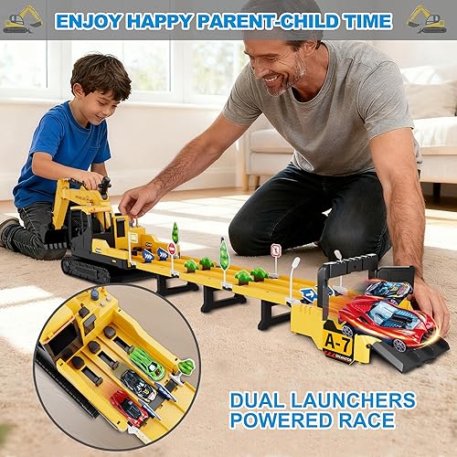 Miniatura 4 de Dwi Dowellin Juguetes para niños de 3 años, juguetes de excavadora para niños con 6 autos de carreras de metal y 2 vehículos de ingeniería, vehículo