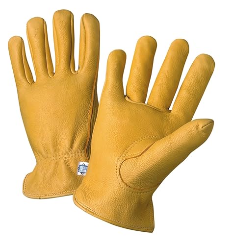 Miniatura 4 de West Chester 85040 Guantes de cuero de ciervo de grano para conductor, dorados, guantes de trabajo pequeños con muñeca elástica fruncida, pulgar