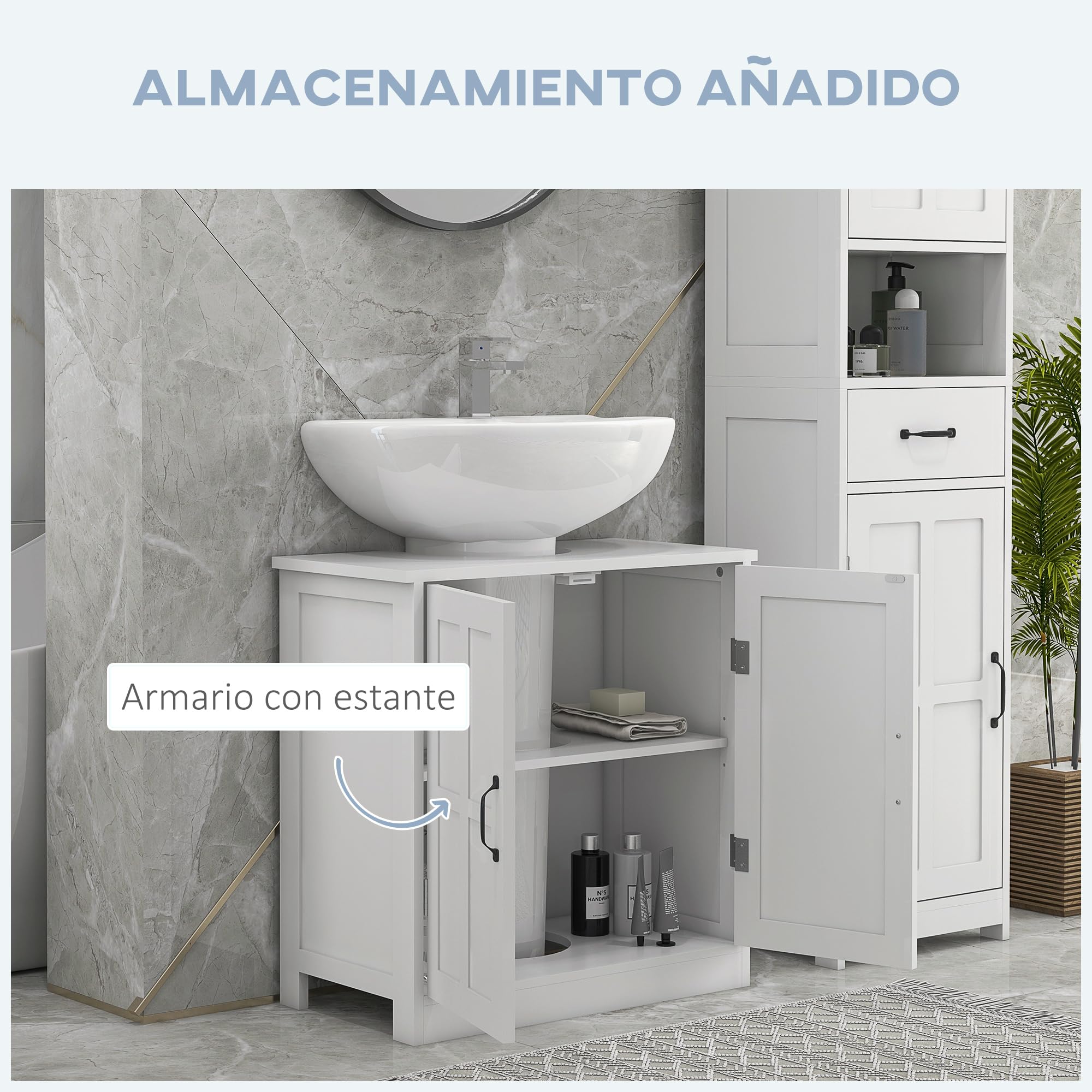 kleankin Mueble para Debajo del Lavabo, Mueble Baño 60x30x60 cm Blanco | Armario Bajo del Lavabo, Estante Ajustable, Puerta Doble, Carga 20 kg