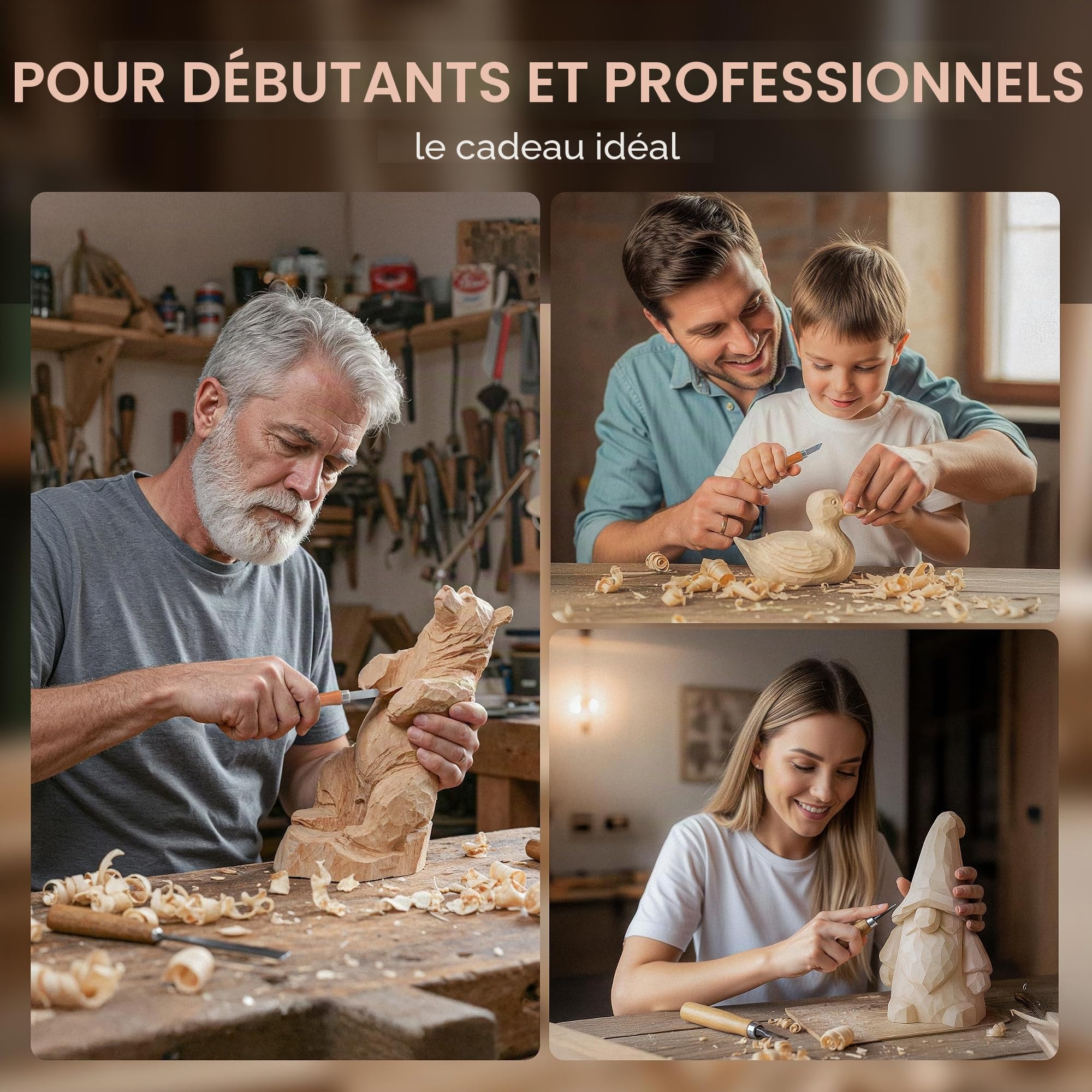 HOLZWURM Set d'outils de sculpture sur bois 12 pcs, sachet, instructions (EN) et pierre à aiguiser inclus, set de couteaux de sculpture sur bois idéal pour les débutants et les professionnels