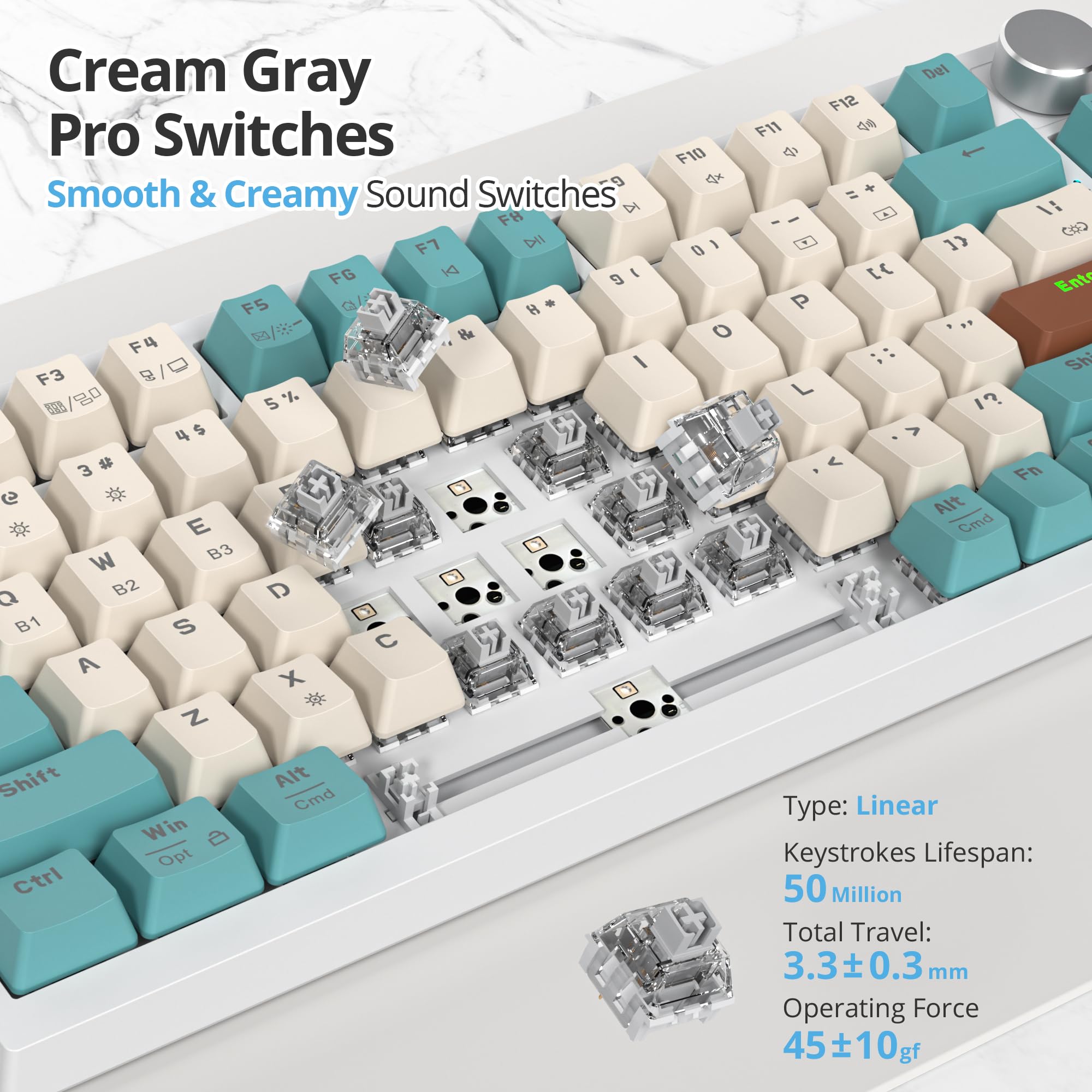 SOLIDEE tastiera gaming meccanica 75 percento con manopola,Bluetooth 5.0/2.4GHz/USB-C tastiera meccanica gasket,tastiera hot swappable,RGB Retroilluminata per Win Mac,Cream Grey Switch(82 Brown)