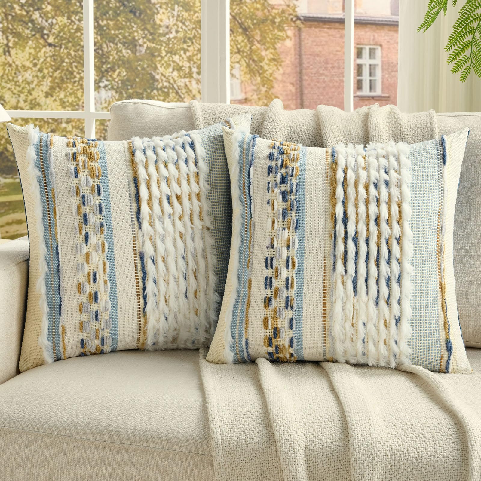 FUTEI Set of 2 Plush Chenille Tufted 45x45 cm Cushion Covers Soft Striped Textured Scatter Pillow Covers 45 x 45 cm Modern Boho Accent for Sofa Bedroom Living Room,Navy+Brown
