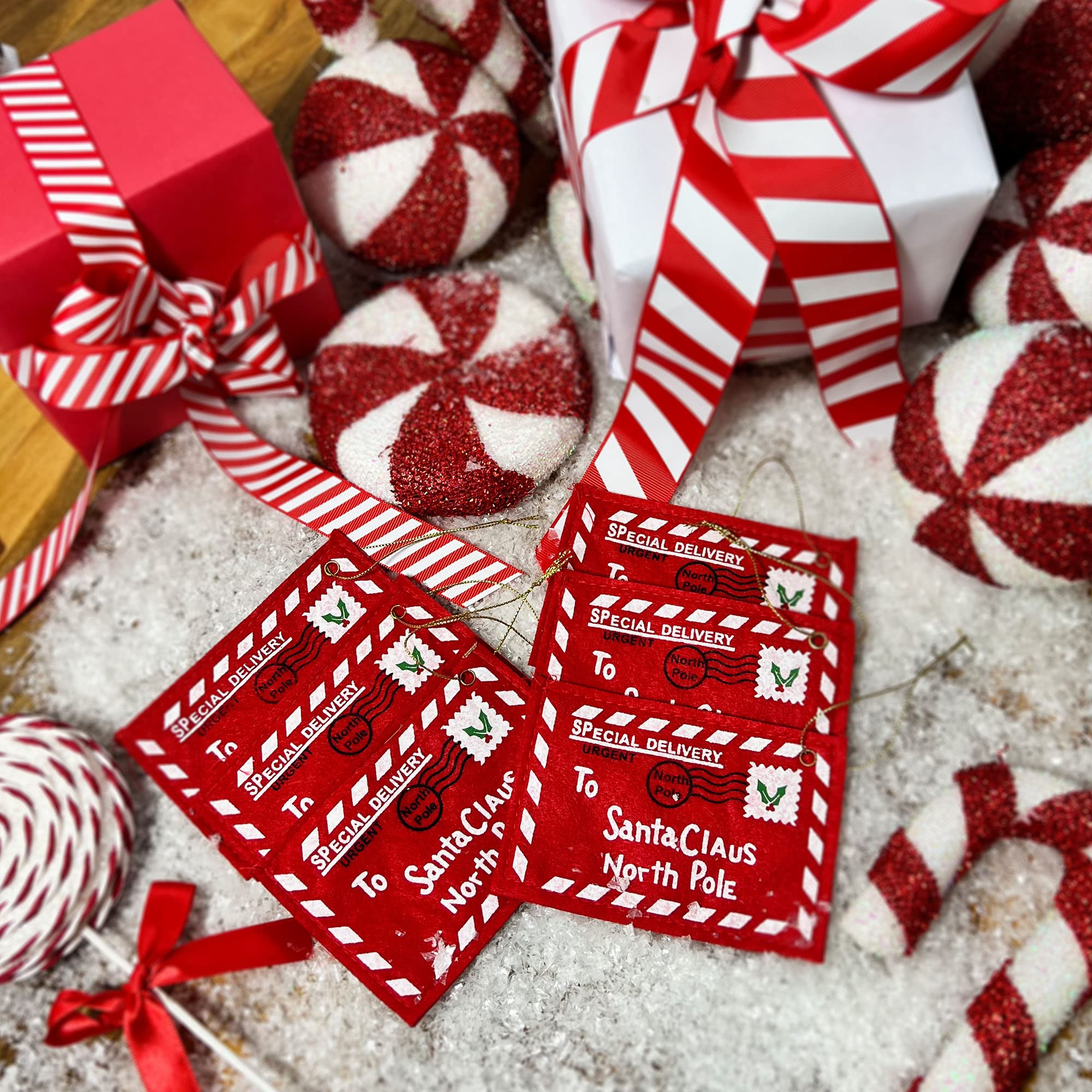 X6 Special Delivery Letter to Santa in The North Pole Red Felt Envelope Christmas Tree Hanging Bauble Decoration or Gift tag Real Envelope to Put Treats in Money Gift Holders or Xmas Table Decoration