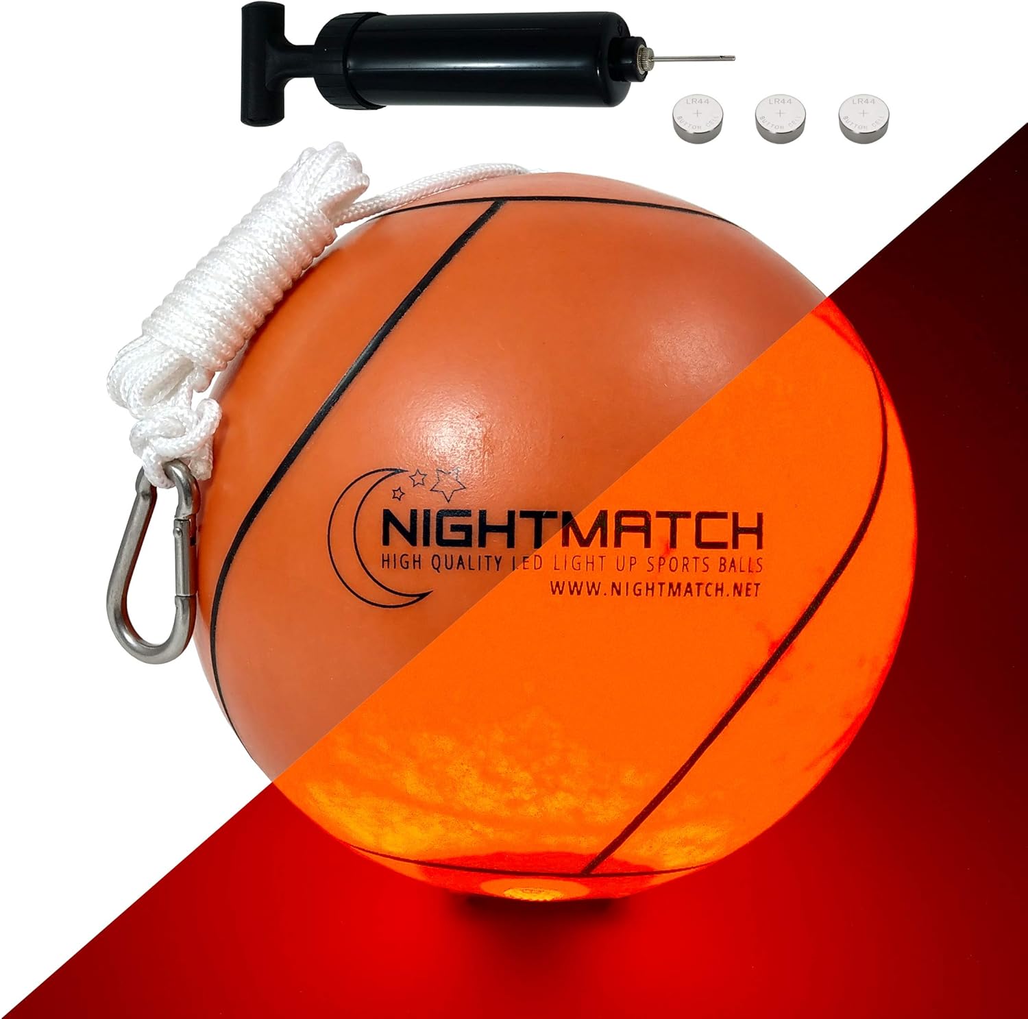 NIGHTMATCH Light Up LED Tetherball - Official Size - Extra Pump and Batteries - Perfect Glow in The Dark Tetherball with Spare Batteries - Waterproof LED Glow Ball with a Bright LED : Sports & Outdoors