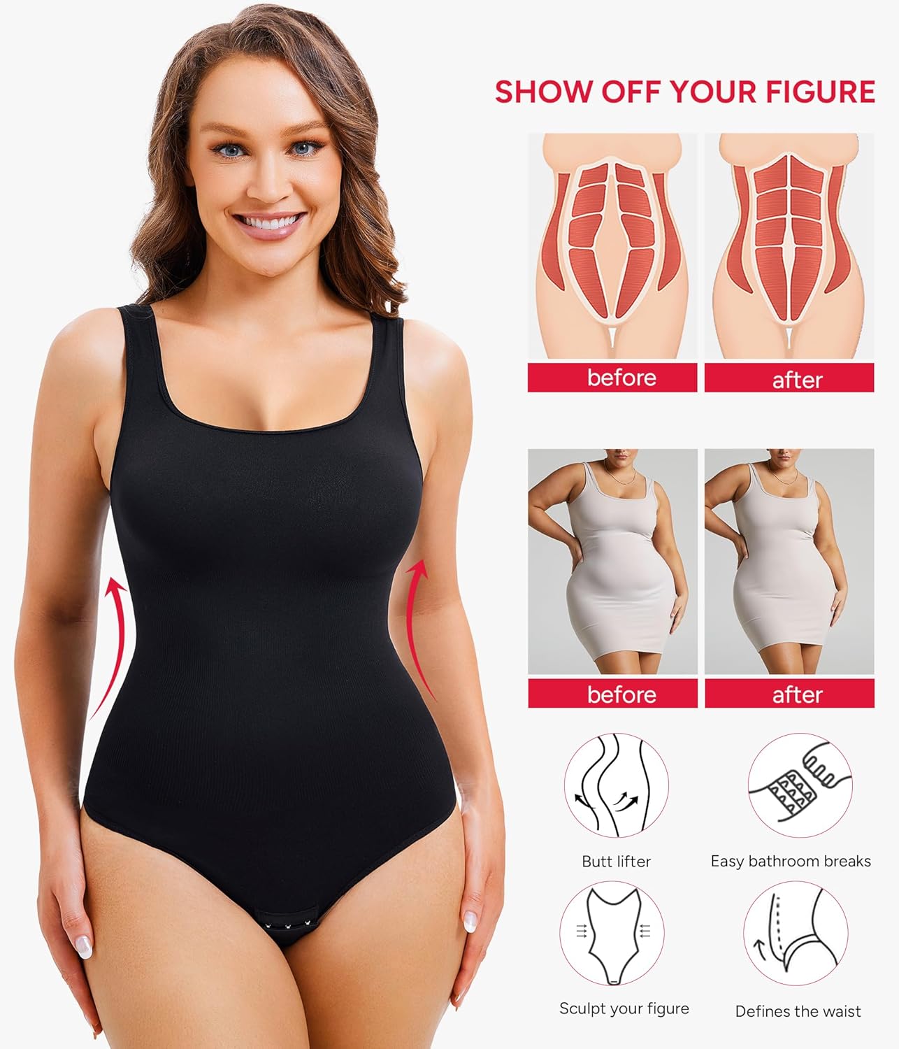 Nebility Womens' Waist Trainer Seamless Round Neck Tummy Control Shapewear Bodysuit - Image 3