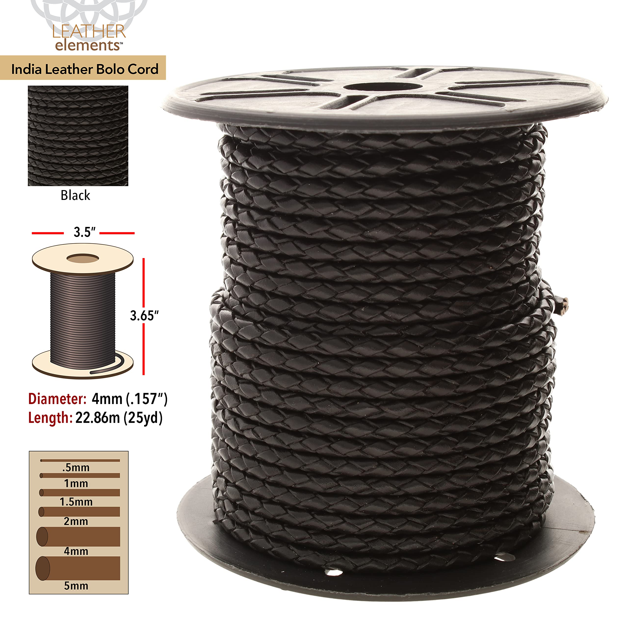 The Beadsmith Cordon bolo tressé en cuir indien tressé à la machine - Bobine de 4 mm - 22,86 m - Idéal pour bracelets de montre, cravates bolo, colliers, accessoires pour cheveux et fabrication de