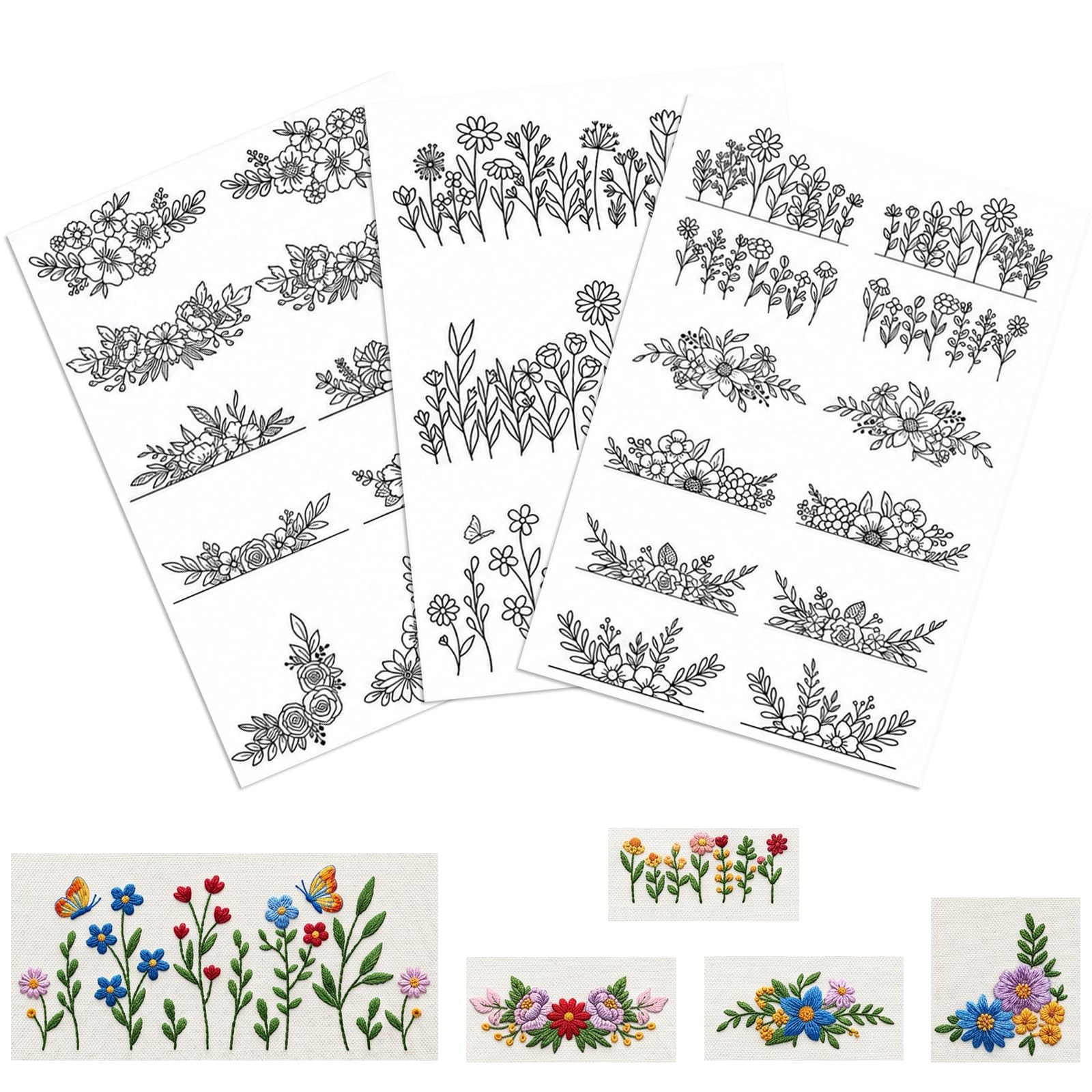 Water Soluble Embroidery Paper 3 Sheets Stick and Stitch Pre Printed Floral Butterfly Patterns for Hand Sewing Carves Shirts Towel Coats Bags (Floral)