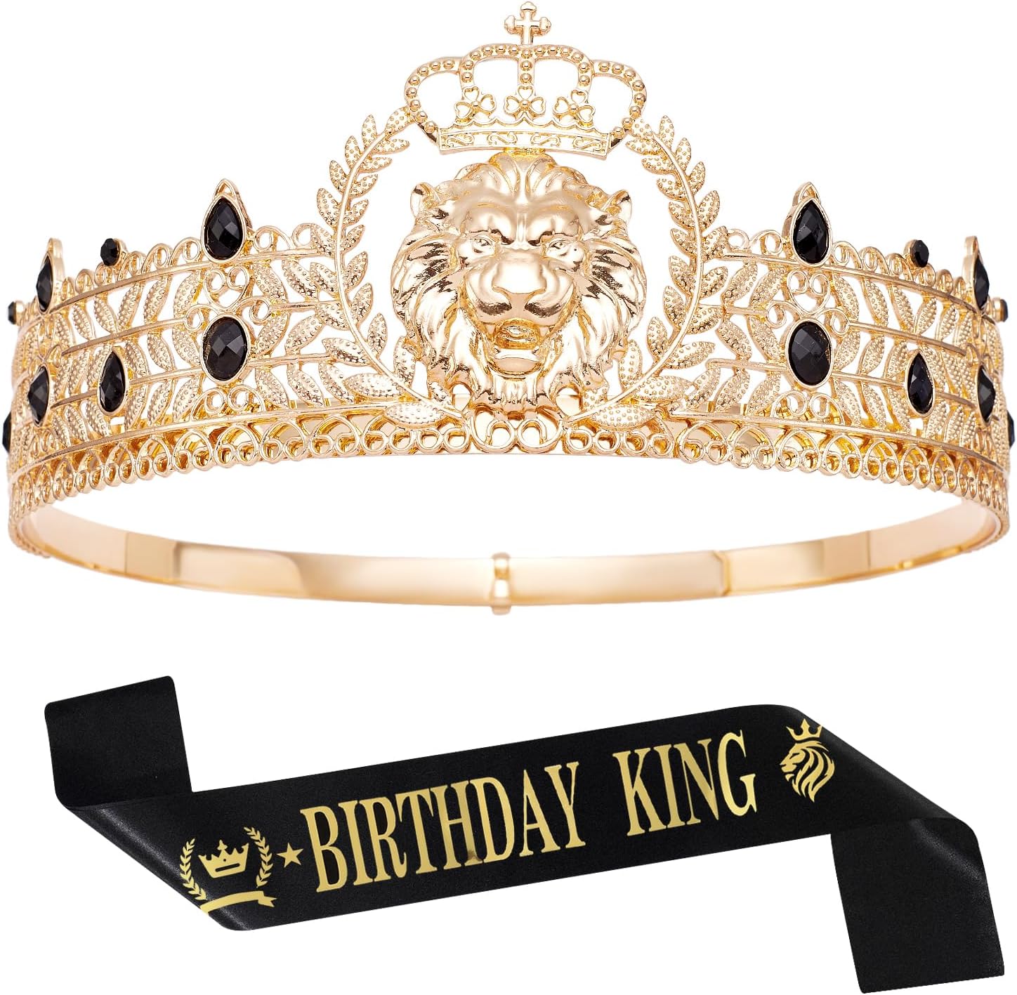 King Crown and Birthday Sash, King Crown for Men,Gold Men's Tiara Prince Diadem,Royal Medieval Cosplay Birthday Prom Halloween Hair Accessories Gold Black Crown