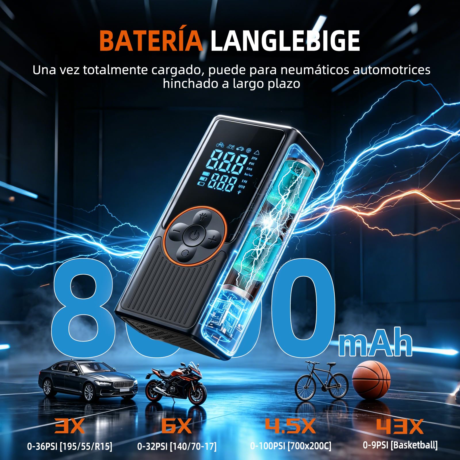Compresor Aire Portátil 8000mAh, 150PSI Inflador Ruedas Coche, Inflador Eléctrico con Doble Alimentación Recargable, Pantalla Digital y Luz LED, Apagado Automático, para Coche, Moto, Bicicleta, Pelota
