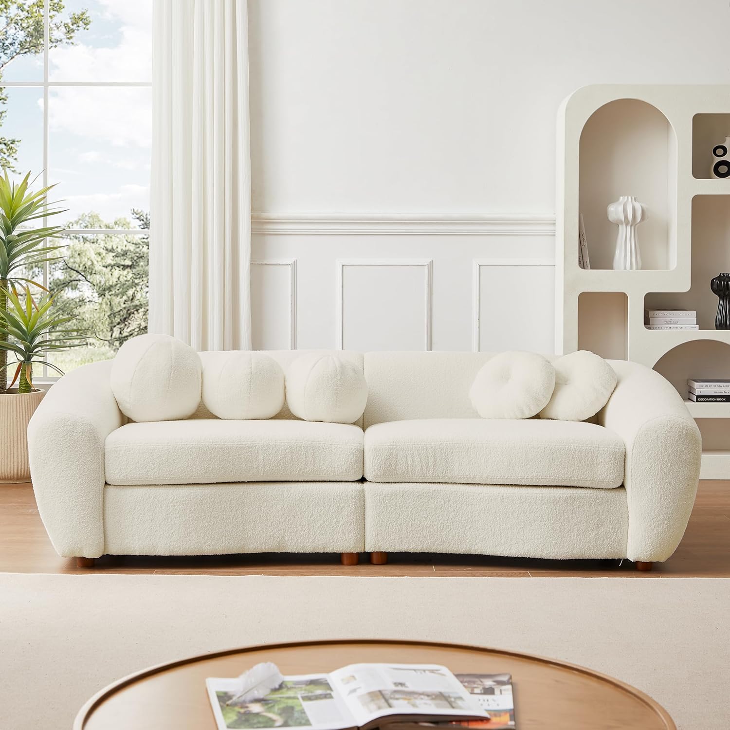 Cloud Curved Sofa Soft Comfy Teddy Fabric Upholstered Deap Seat Sectional Couch with 5 Decorative Throw Pillows,Modern Luxury 3-Seat Boucle Leisure Sofá for Living Room Furniture Set- INCOMPLETE