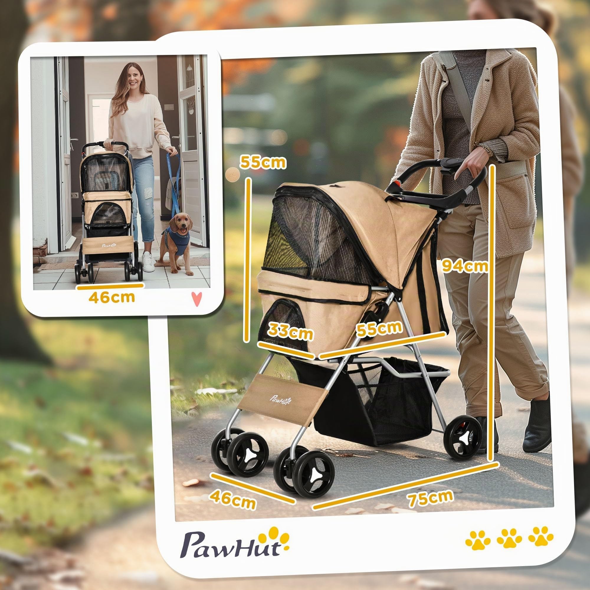 PawHut Poussette pliable chat chien XS/petits Café | Porte-gobelet, transporteur à 4 roues avec freins, roues avant pivotantes à 360°, panier de rangement