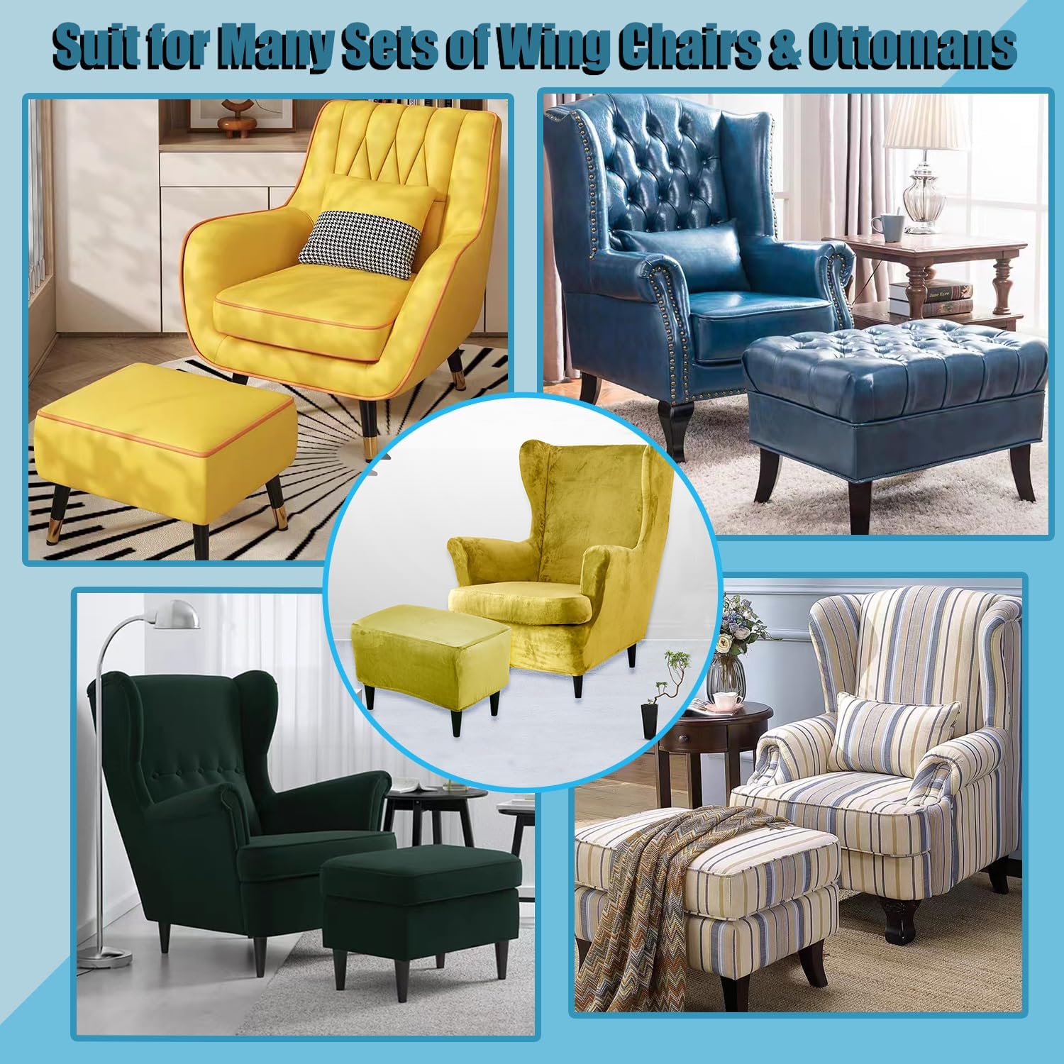 Wingback Chair Covers 2 Piece Set and Ottoman Slipcover, Stretch Velvet Wing Chair Cover Armchair Slipcovers Tiger Chair Cover (Yellow-Green,Wing Chair &Ottoman)