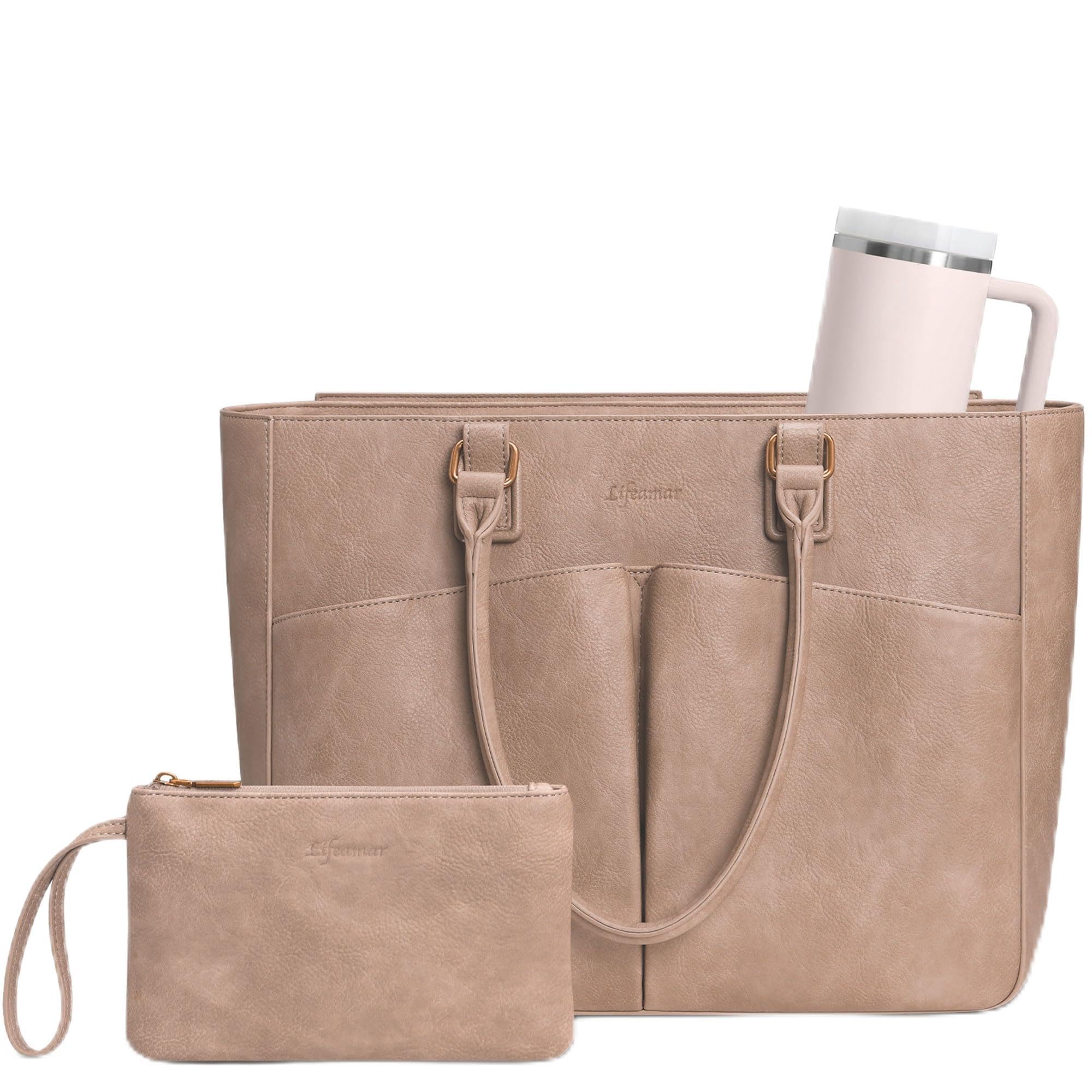Laptop Tote Bag for Women, Leather Work Tote with Padded Laptop Compartment, Cup Holder, Office Computer Briefcase