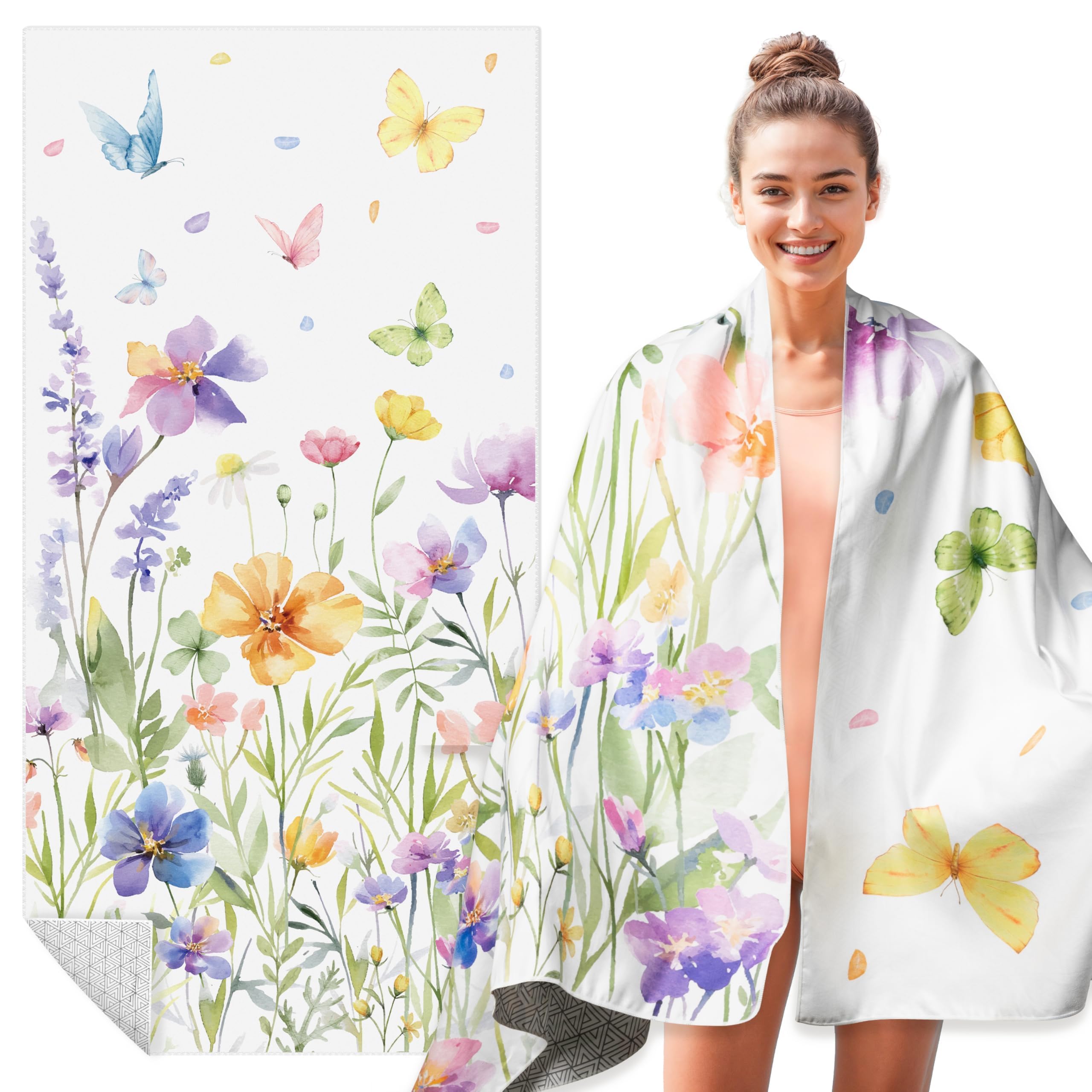 Watercolor Wildflowers Oversized Beach Towel - Double-Sided Thin Microfiber Lightweight Pool Towel, 71"x35" Quick Dry Sand Free Blanket for Beach