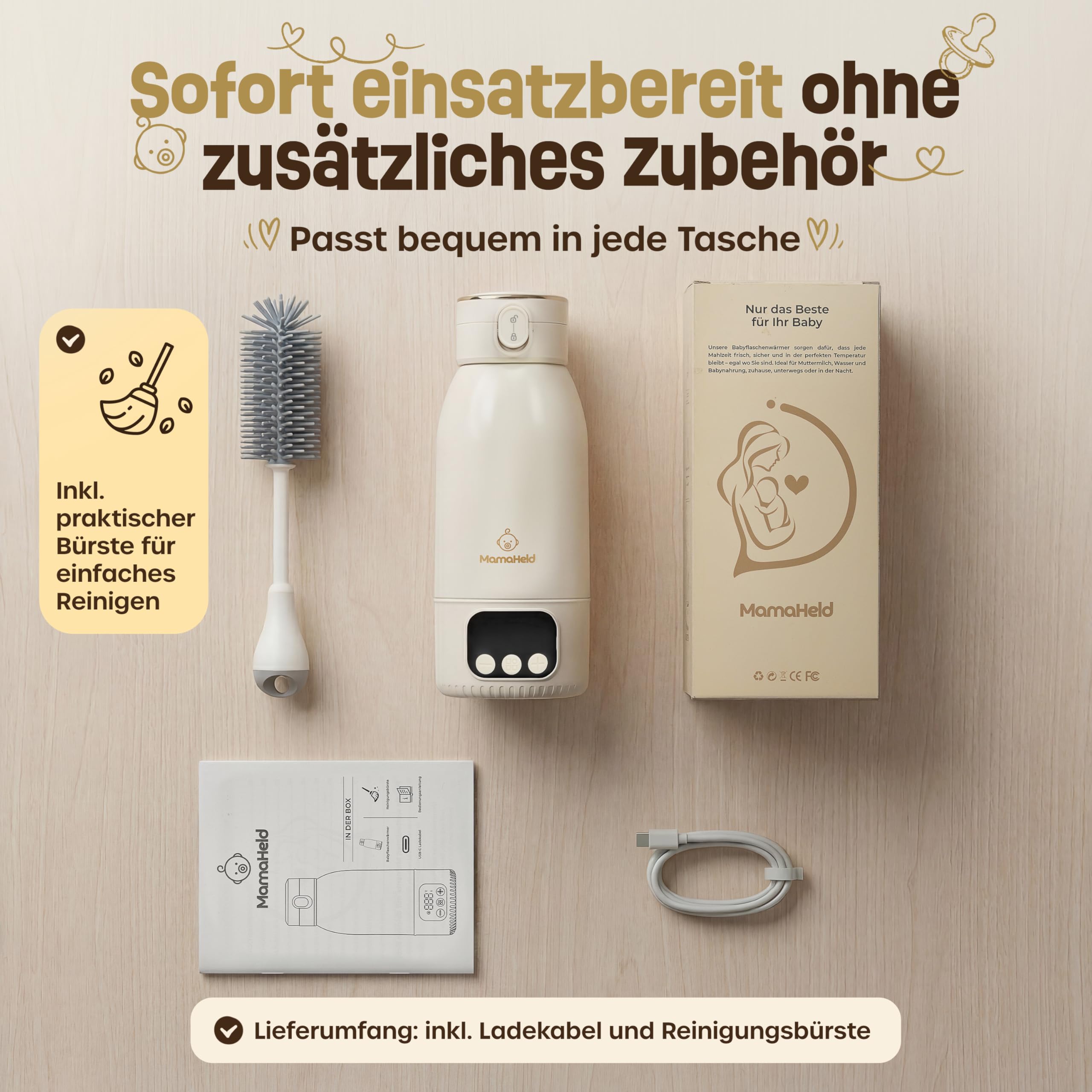 Tragbarer Babyflaschenwärmer für unterwegs – Schnelles Aufheizen in 2 Min | 500ml Kapazität | Für Muttermilch & Wasser | BPA-frei | Mehrfach nutzbar pro Tag | inkl. Bürste & Mama Ratgeber