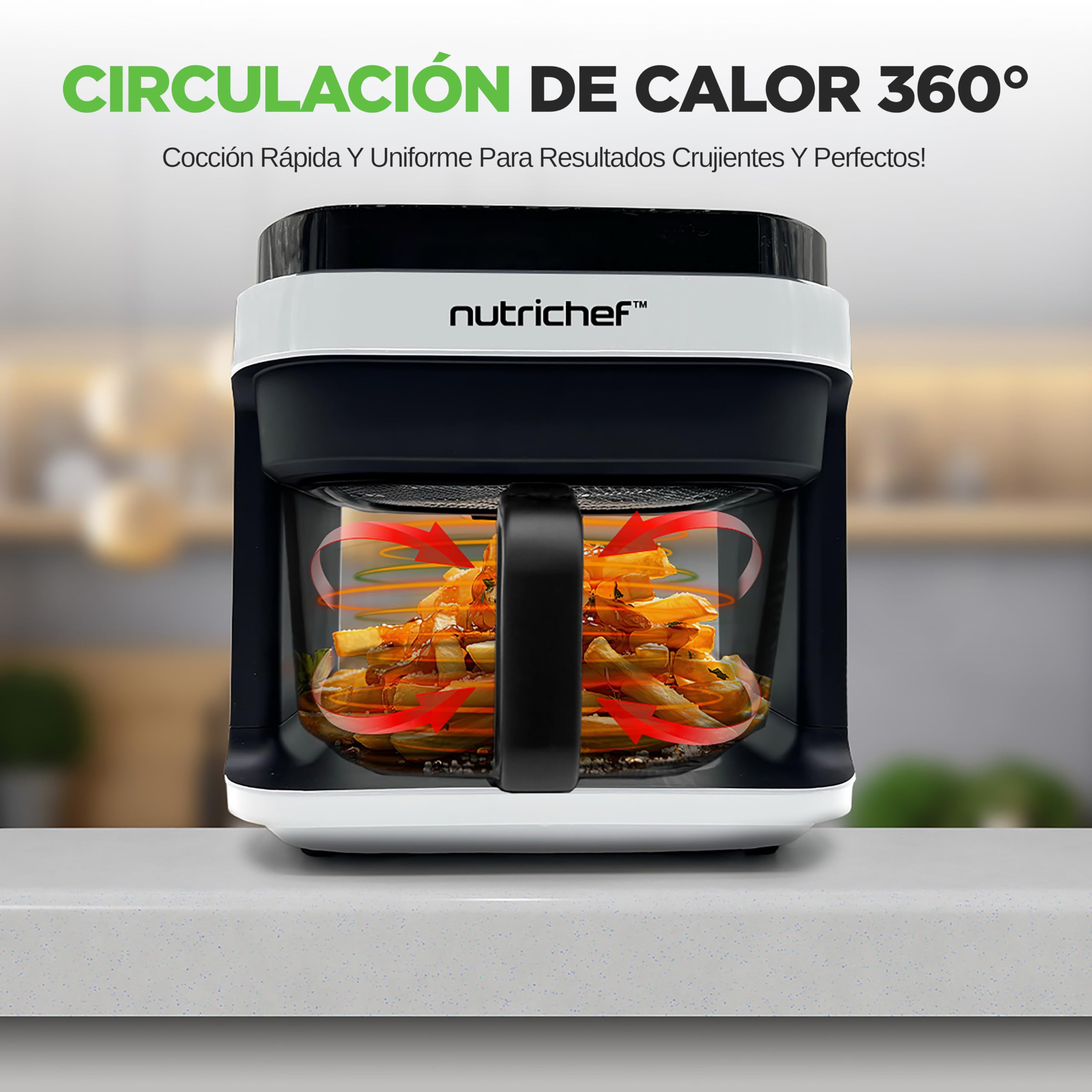 Nutrichef Freidora de Aire, 5.5L, 8 Modos de Coccion Preestablecidos, Recipiente Transparente, Control Preciso de Temperatura y Tiempo