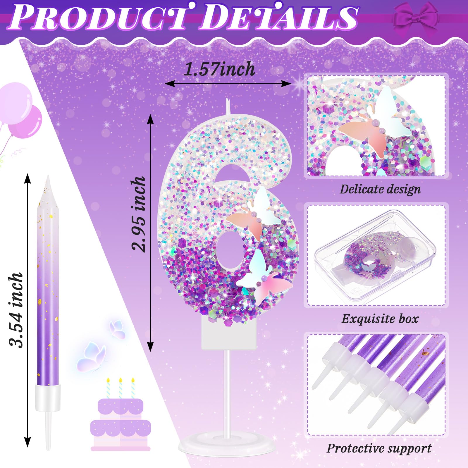 Amylove Number 6 Birthday Candle Purple Butterfly for Cake with 6 Long Thin Cupcake Candles Girls Sparkling Sequin Glitter Purple Cake Topper for Women Girl Anniversary Wedding