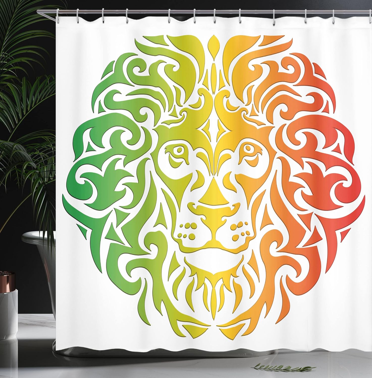 Ambesonne Rasta Shower Curtain, Lion Portrait in Vivid Colors Portrait Head King of Jungle Image, Cloth Fabric Bathroom Decor Set with Hooks, 69" W x 70" L, Fern Green Orange