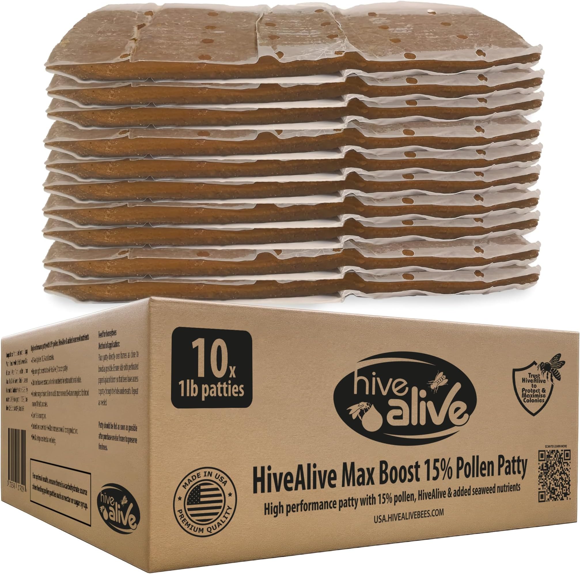 HIVE ALIVE Pollen Patty for Honey Bees โ 10lb (10x1lb) Pollen Patties and Bee Food for Spring with 15% Real USA Pollen, Seaweed and Amino Acids to Support Brood and Colony Health