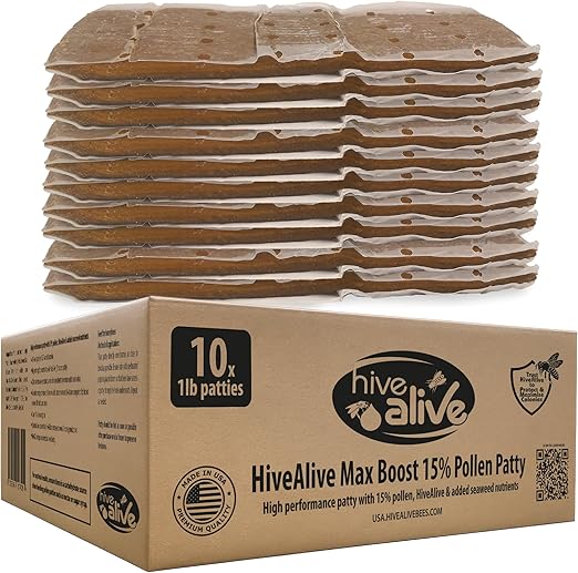 HIVE ALIVE Pollen Patty for Honey Bees – 10lb (10x1lb) Pollen Patties and Bee Food for Spring with 15% Real USA Pollen, Seaweed and Amino Acids to Support Brood and Colony Health