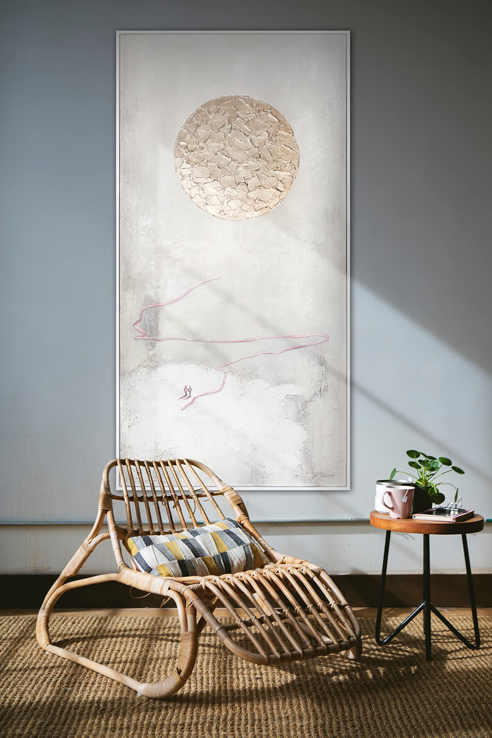 YS-Art Tableau Abstrait Blanc et Beige Peint Main pour Chambre et Salon