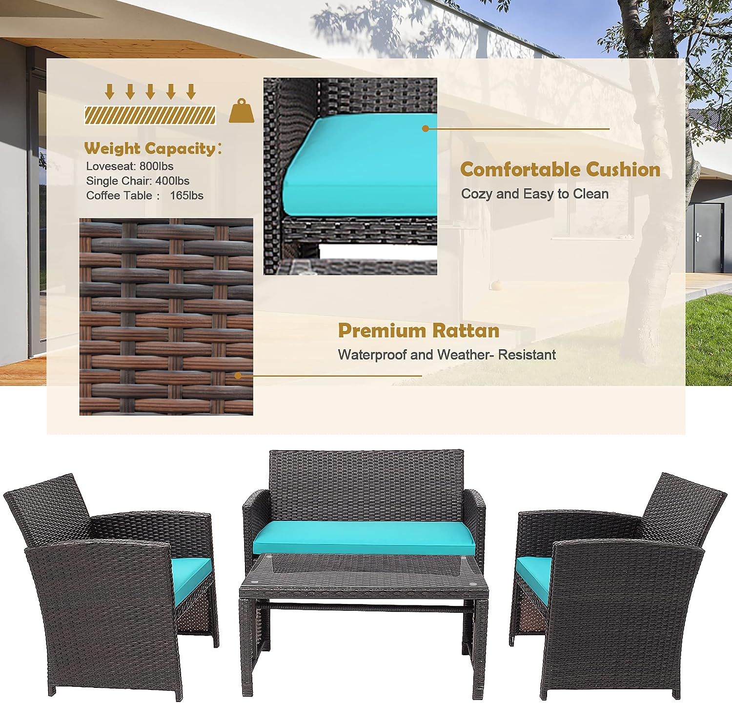 DORTALA 4 Pieces Wicker Patio Furniture Set, Outdoor PE Rattan Conversation Set with Chairs, Loveseat, Coffee Table, Cushions for Poolside, Turquoise