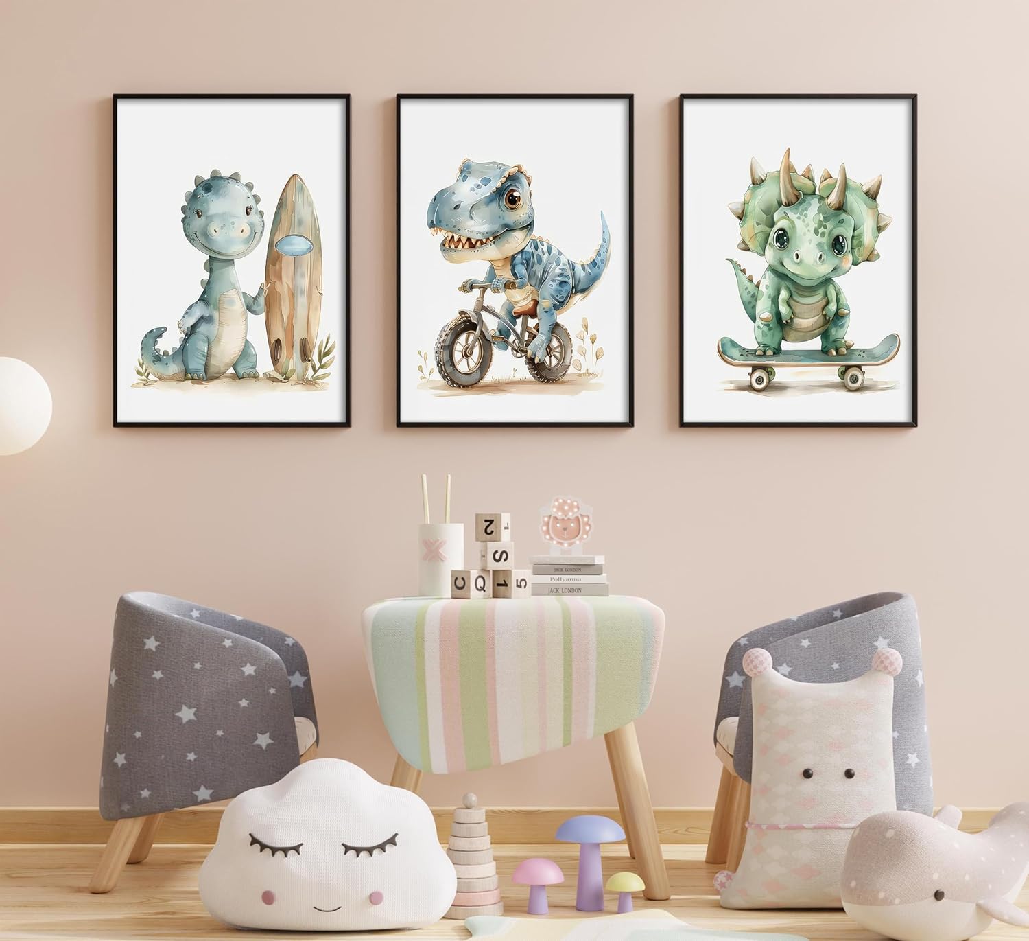 Funny Dinosaur Nursery Canvas Wall Art Surfing Skateboard Riding Dinosaur Painting Picture Wall Decor Sport Nursery dinosaur Print Artwork Poster Print Artwork for Boys Room Girls Room Home Decoration - Image 4