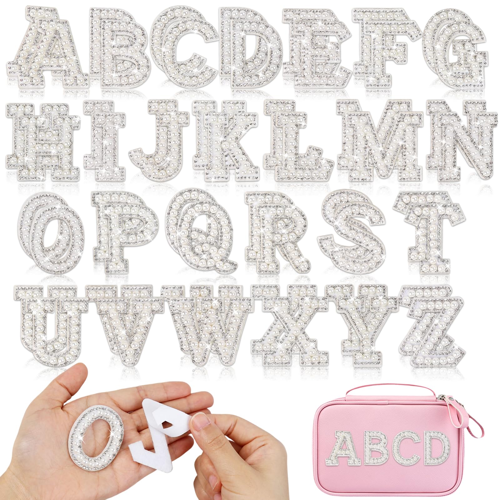 Loghohu 52Pcs Self Adhesive Pearl Letter Patches, Rhinestone Letters Patches A-Z Glitter Stick on Pearl Letter Stickers Alphabet Appliques for DIY Clothes Hat Backpack