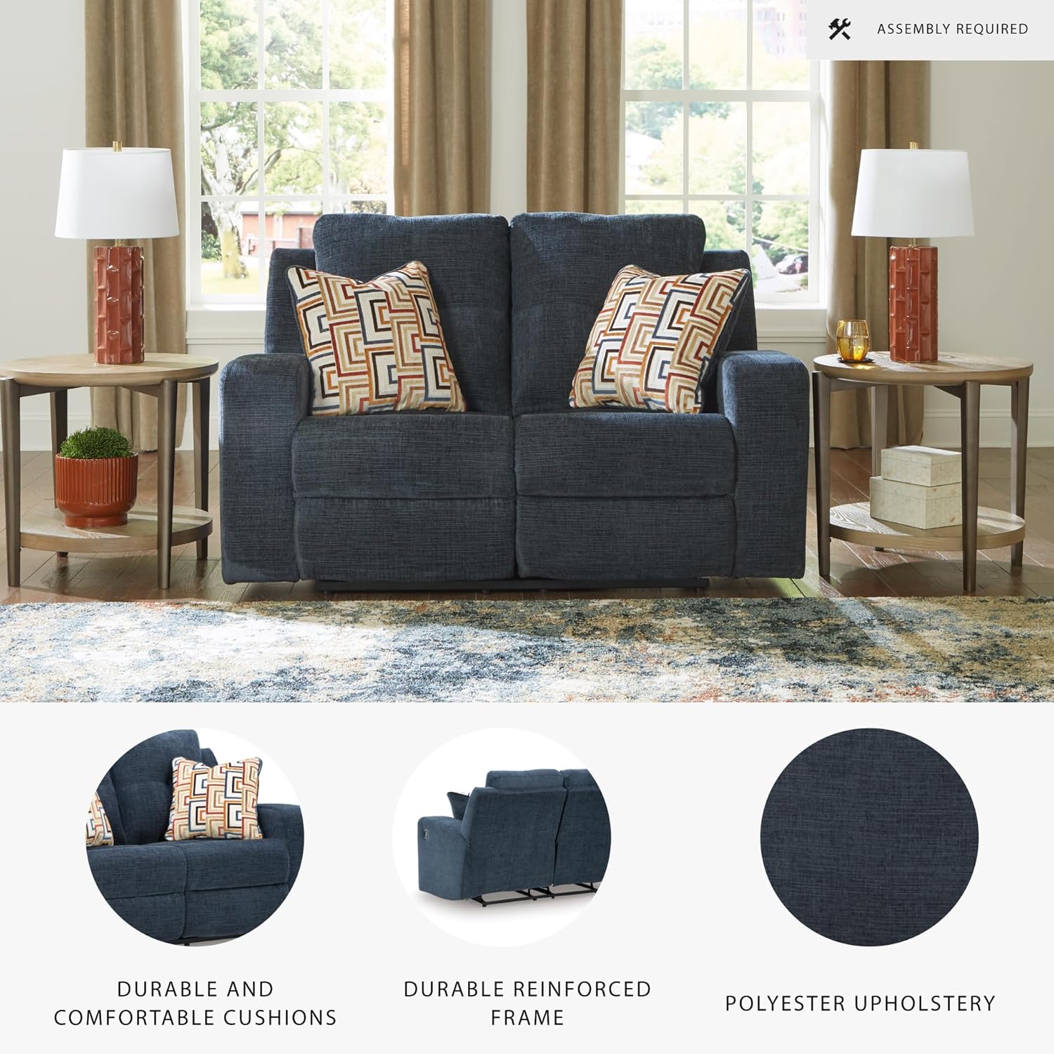 Signature Design by Ashley Danum Contemporary Reclining Loveseat with Tufted Cushion, Blue