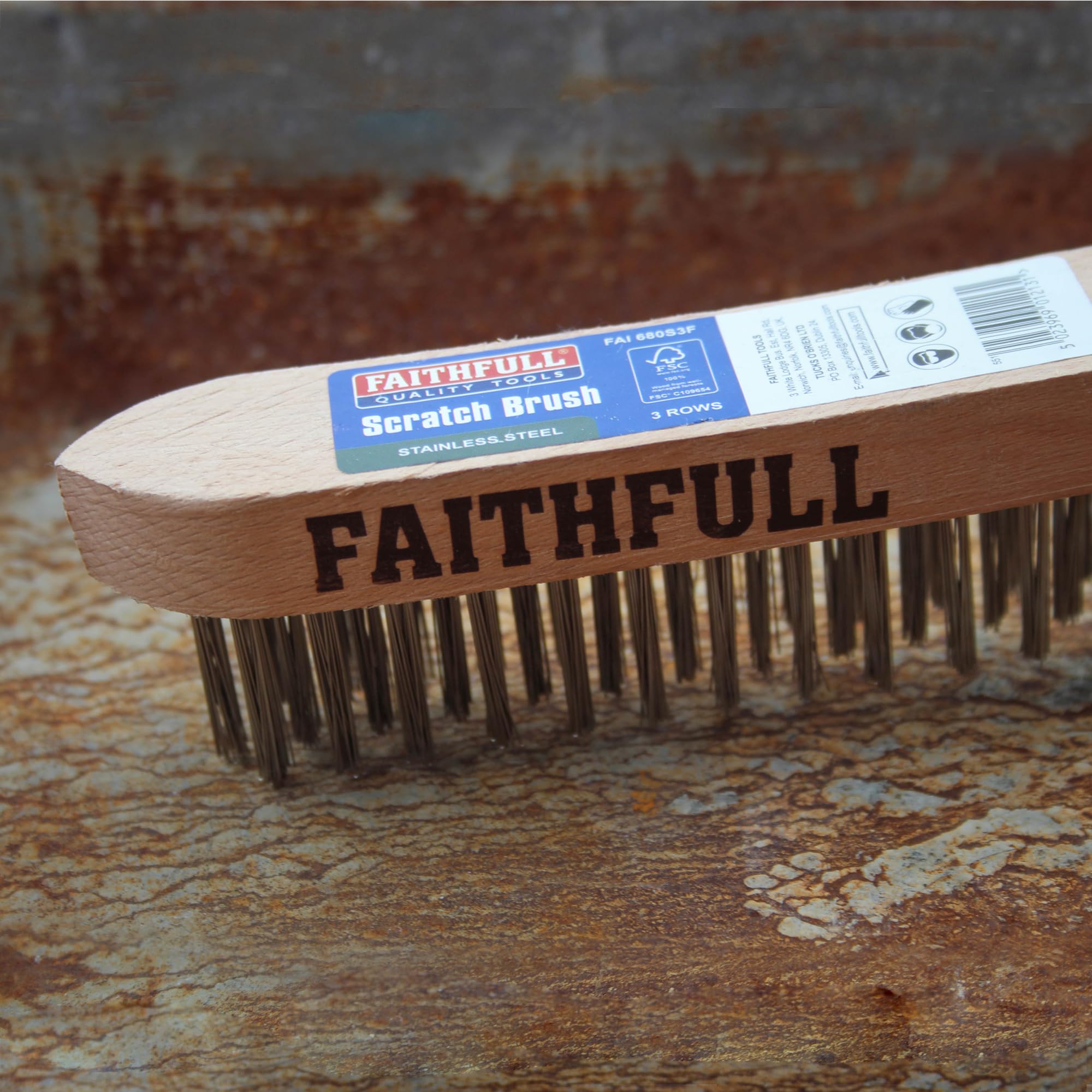 Faithfull Heavy-Duty Stainless Steel Scratch Brush - 3 Row, FSC Beech Wood Handle - for Stainless Steel Welding - Image 4